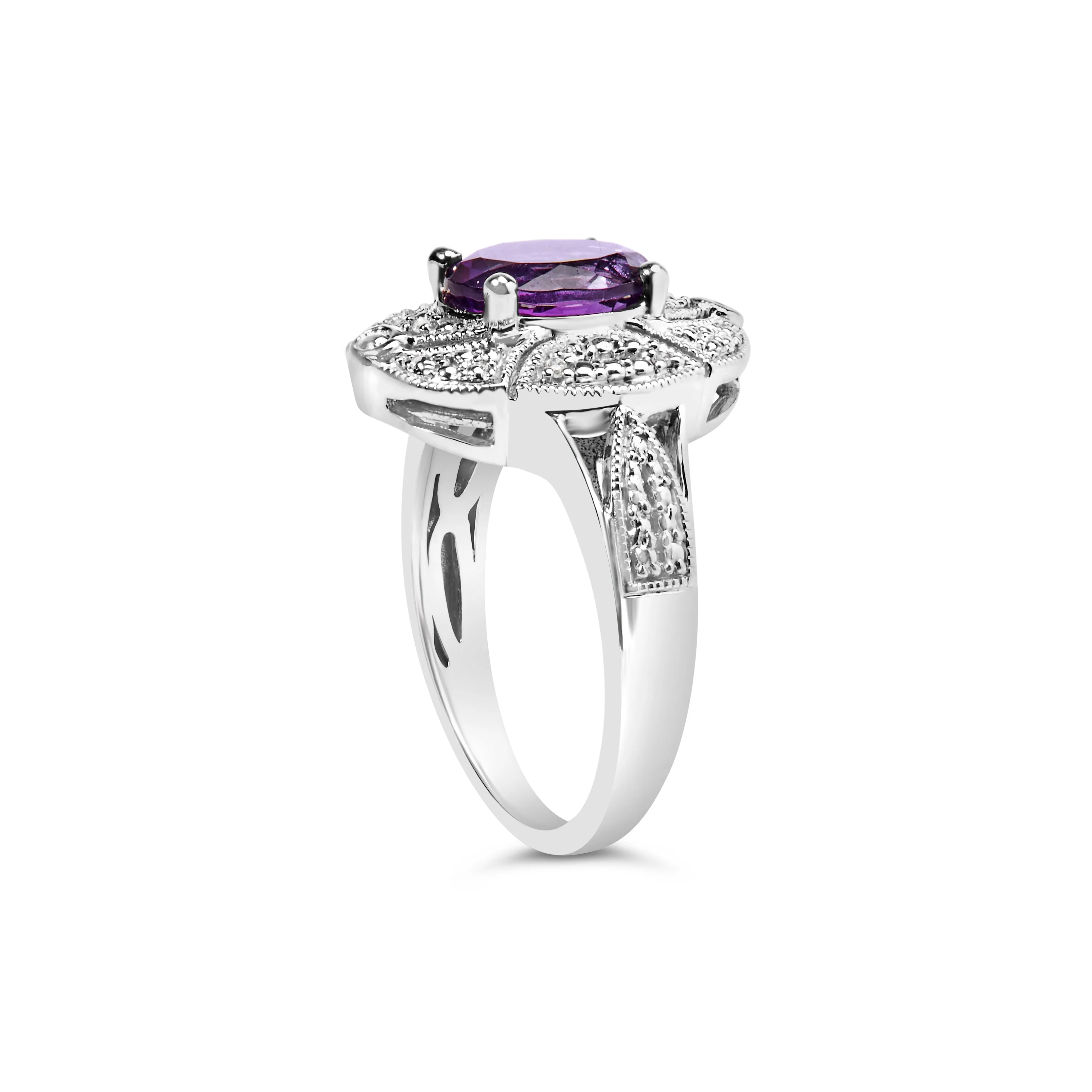 .925 Sterling Silver 9x7mm Oval Purple Amethyst and Diamond Accent Art Deco Style Cocktail Ring (I-J Color, I1-I2 Clarity) - Size 6 - Image 9