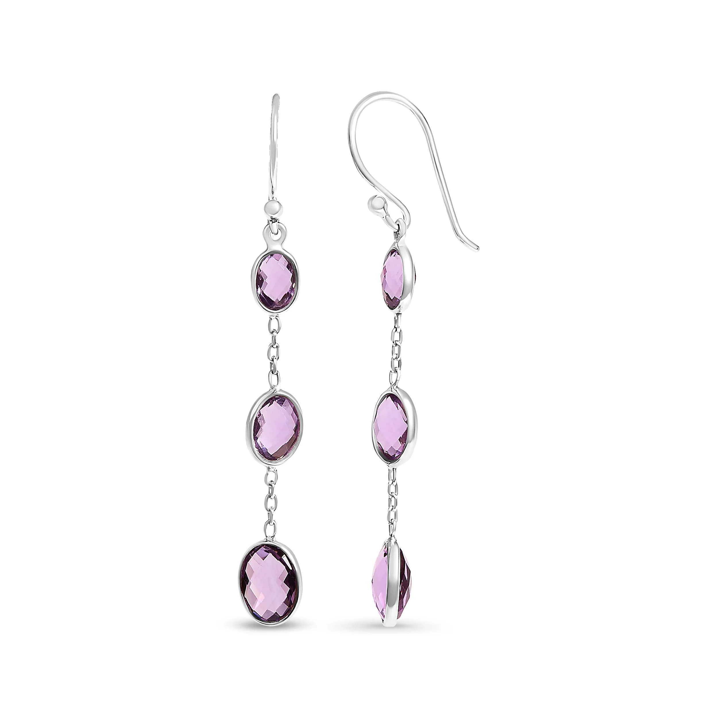 .925 Sterling Silver Checkerboard Cut Oval Purple Amethyst 2" Inch Drop and Dangle Earrings - Image 2