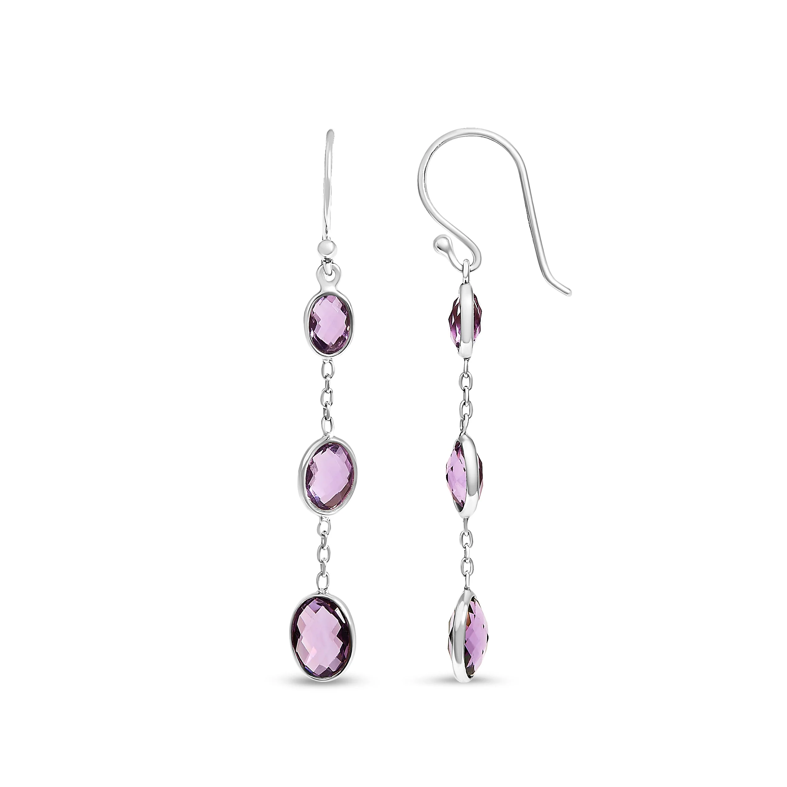 .925 Sterling Silver Checkerboard Cut Oval Purple Amethyst 2" Inch Drop and Dangle Earrings - Image 3