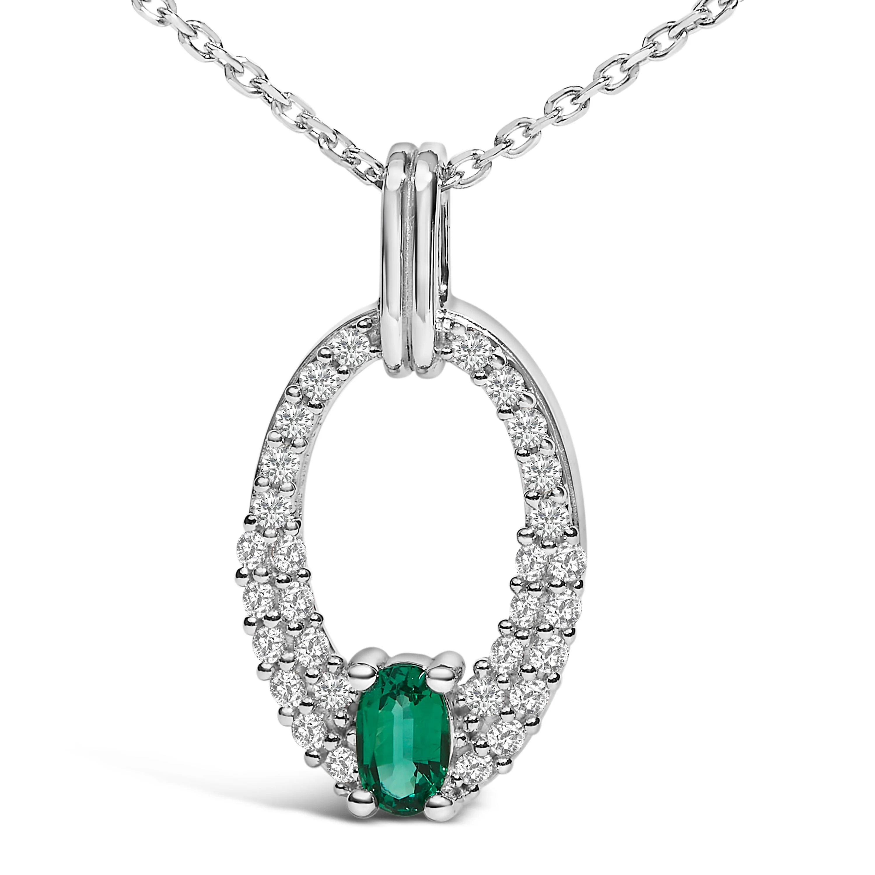 .925 Sterling Silver Created Green Emerald and White Sapphire Oval Shaped Pendant Necklace - 18" Inches - Image 2