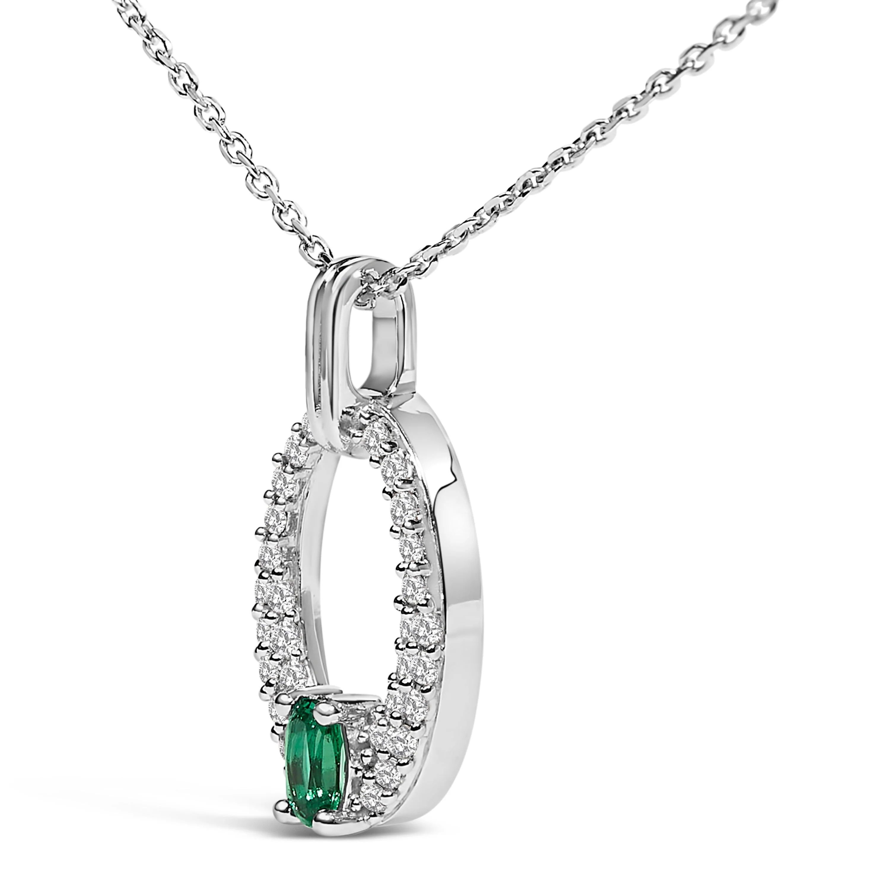 .925 Sterling Silver Created Green Emerald and White Sapphire Oval Shaped Pendant Necklace - 18" Inches - Image 3