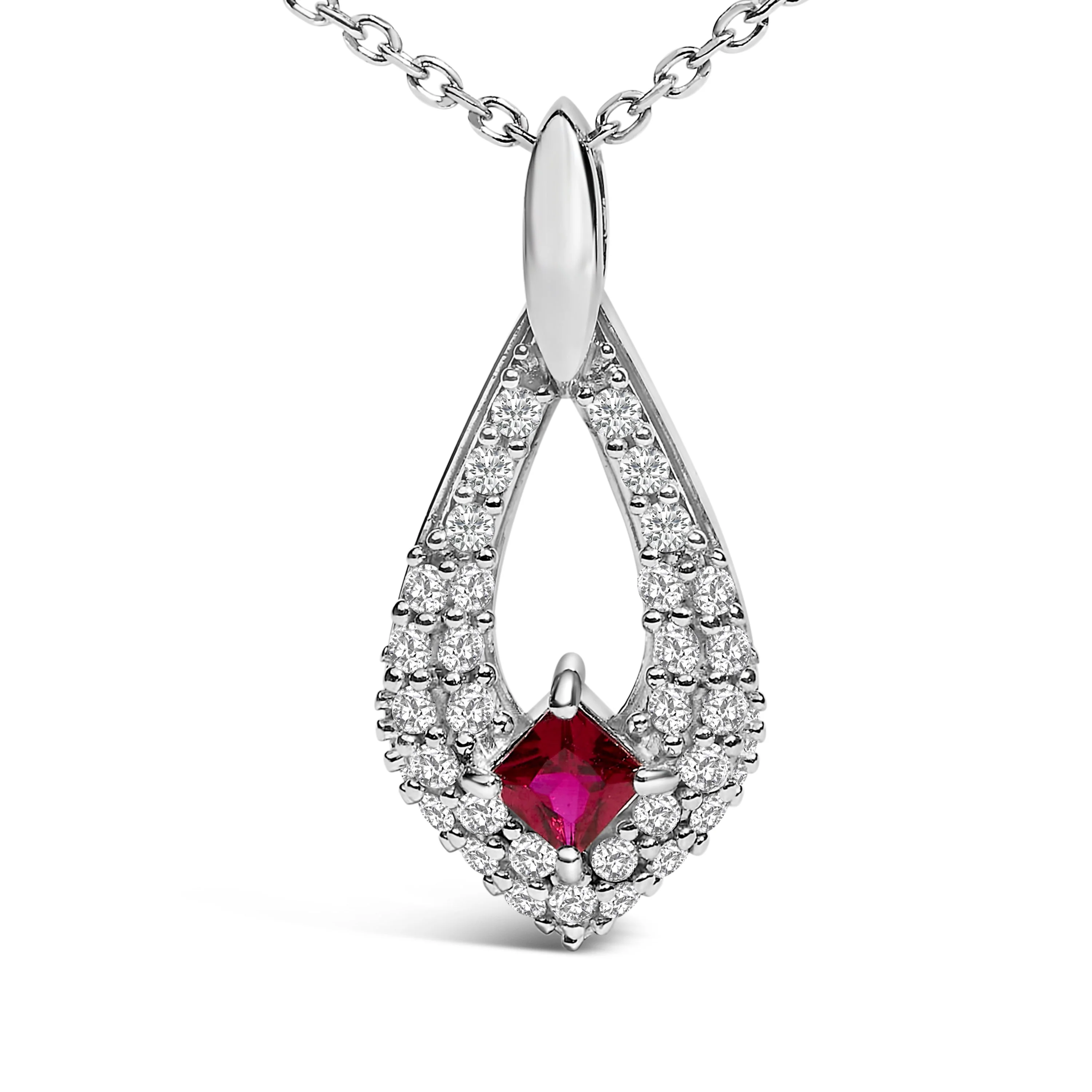 .925 Sterling Silver Created Red Ruby and White Sapphire Pear Shaped Pendant Necklace - 18" Inches - Image 2
