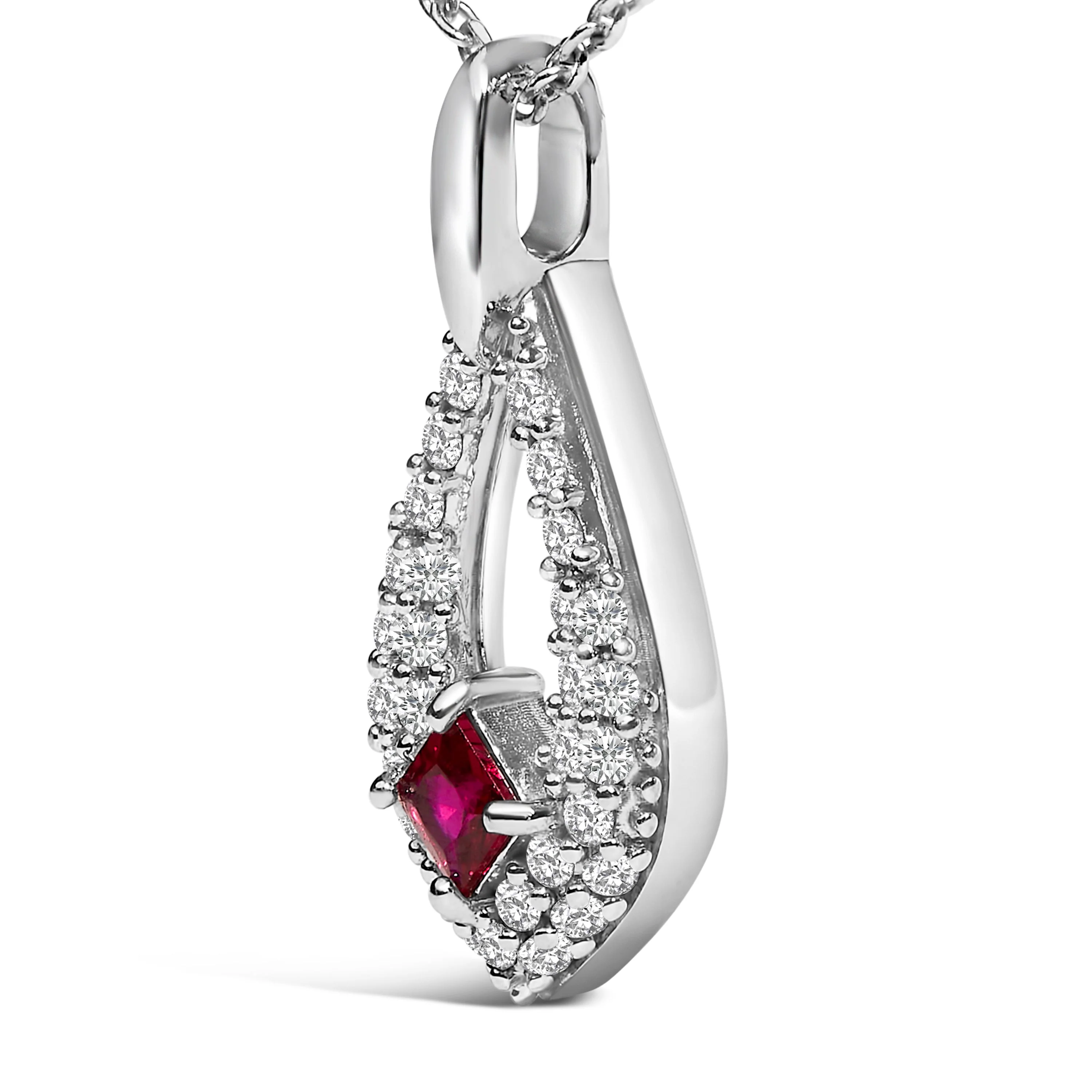 .925 Sterling Silver Created Red Ruby and White Sapphire Pear Shaped Pendant Necklace - 18" Inches - Image 3