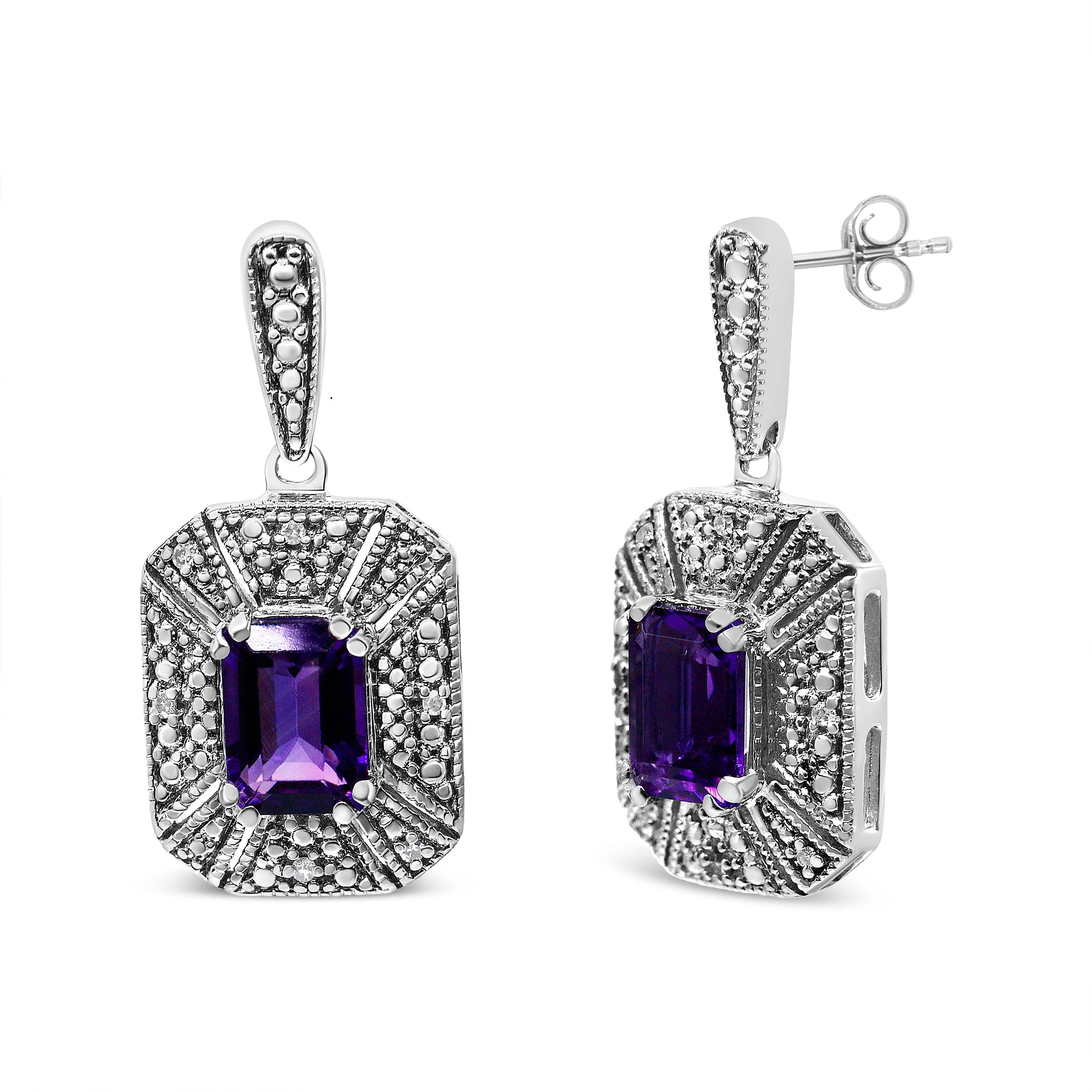 .925 Sterling Silver Diamond Accent and 7x5mm Purple Amethyst Stud Earrings (I-J Color, I2-I3 Clarity) - Image 5