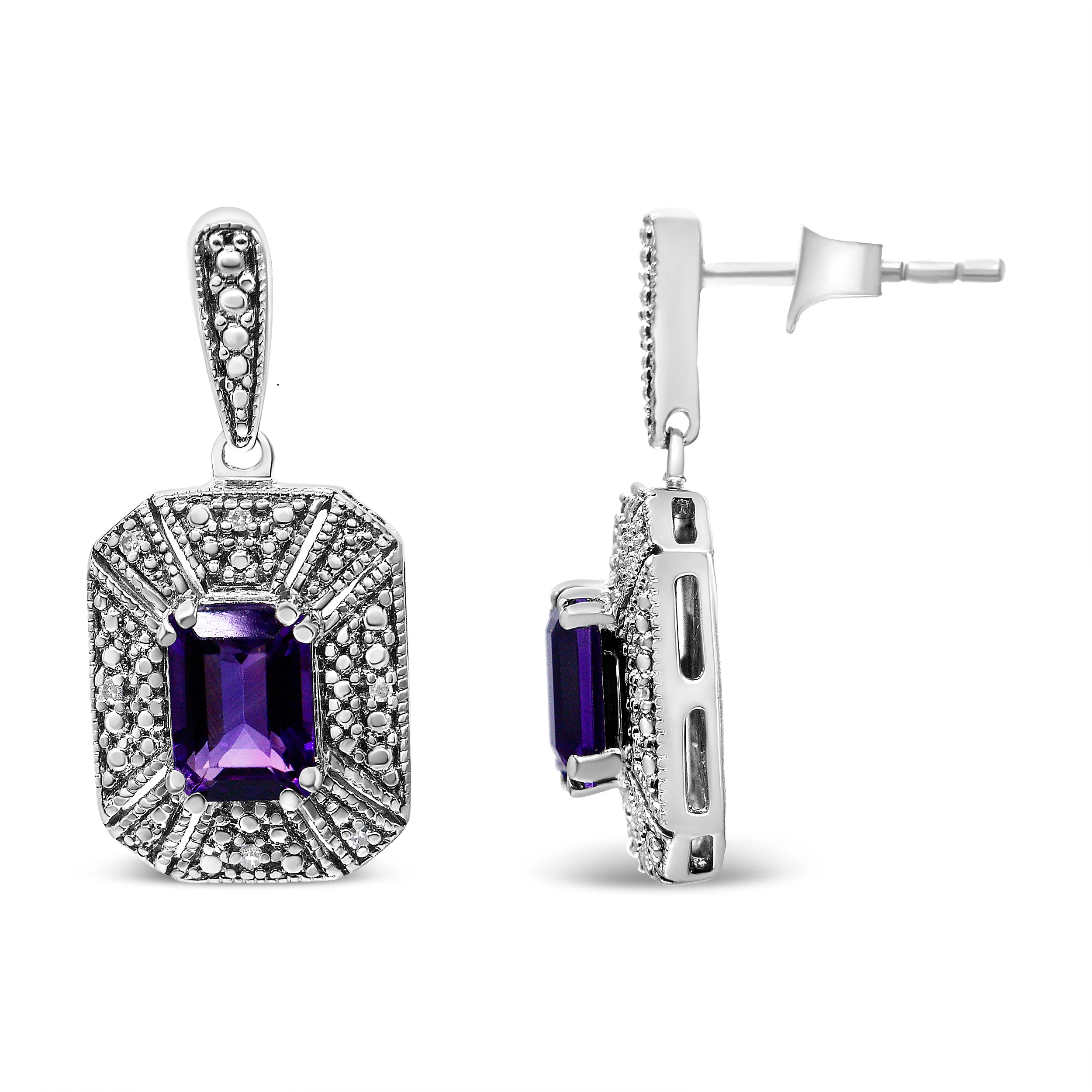 .925 Sterling Silver Diamond Accent and 7x5mm Purple Amethyst Stud Earrings (I-J Color, I2-I3 Clarity) - Image 6