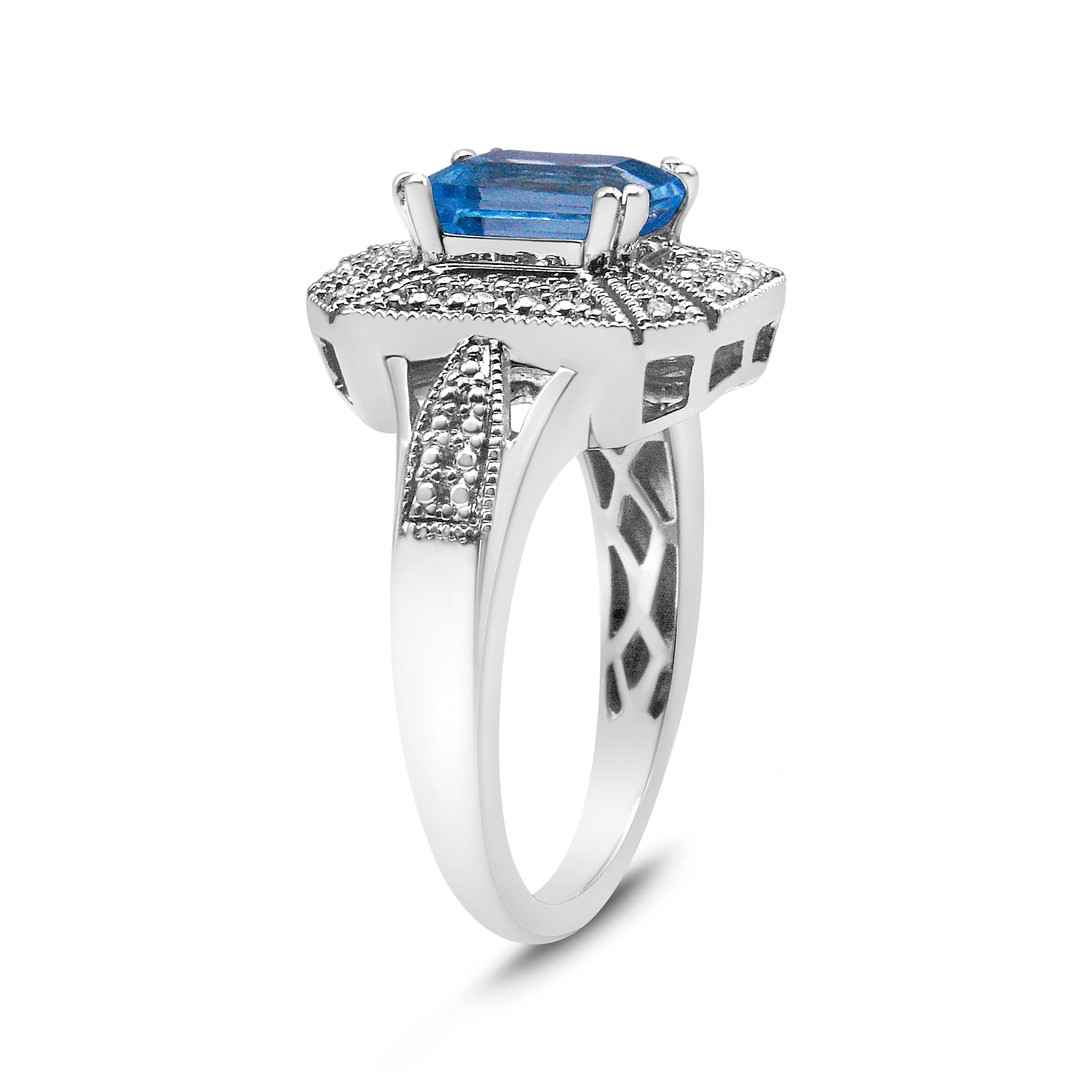 .925 Sterling Silver Diamond Accent and 8X6 mm Emerald-Shape Blue Topaz Ring (I-J Color, I2-I3 Clarity) - Ring Size 7 - Image 10