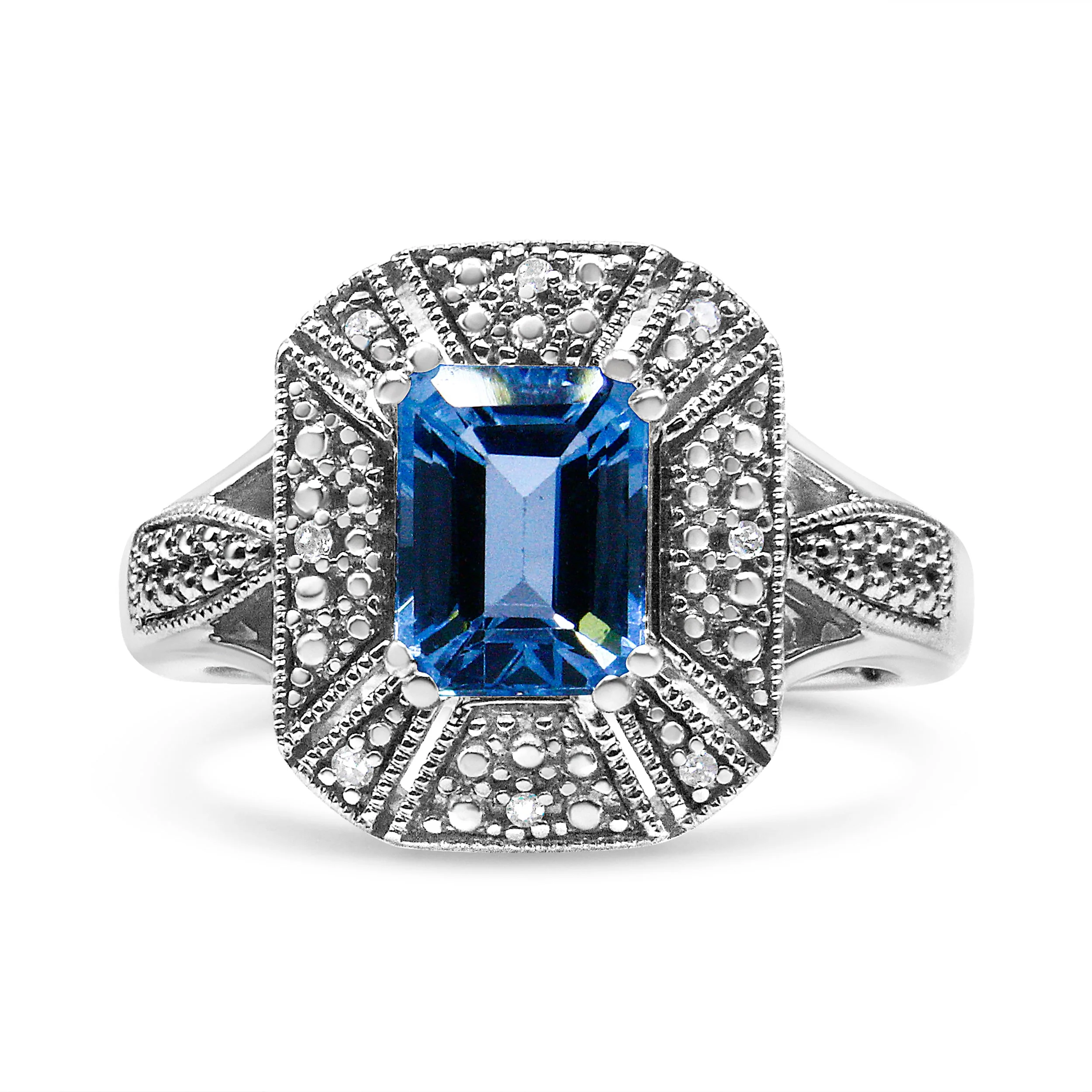 .925 Sterling Silver Diamond Accent and 8X6 mm Emerald-Shape Blue Topaz Ring (I-J Color, I2-I3 Clarity) - Ring Size 7 - Image 2