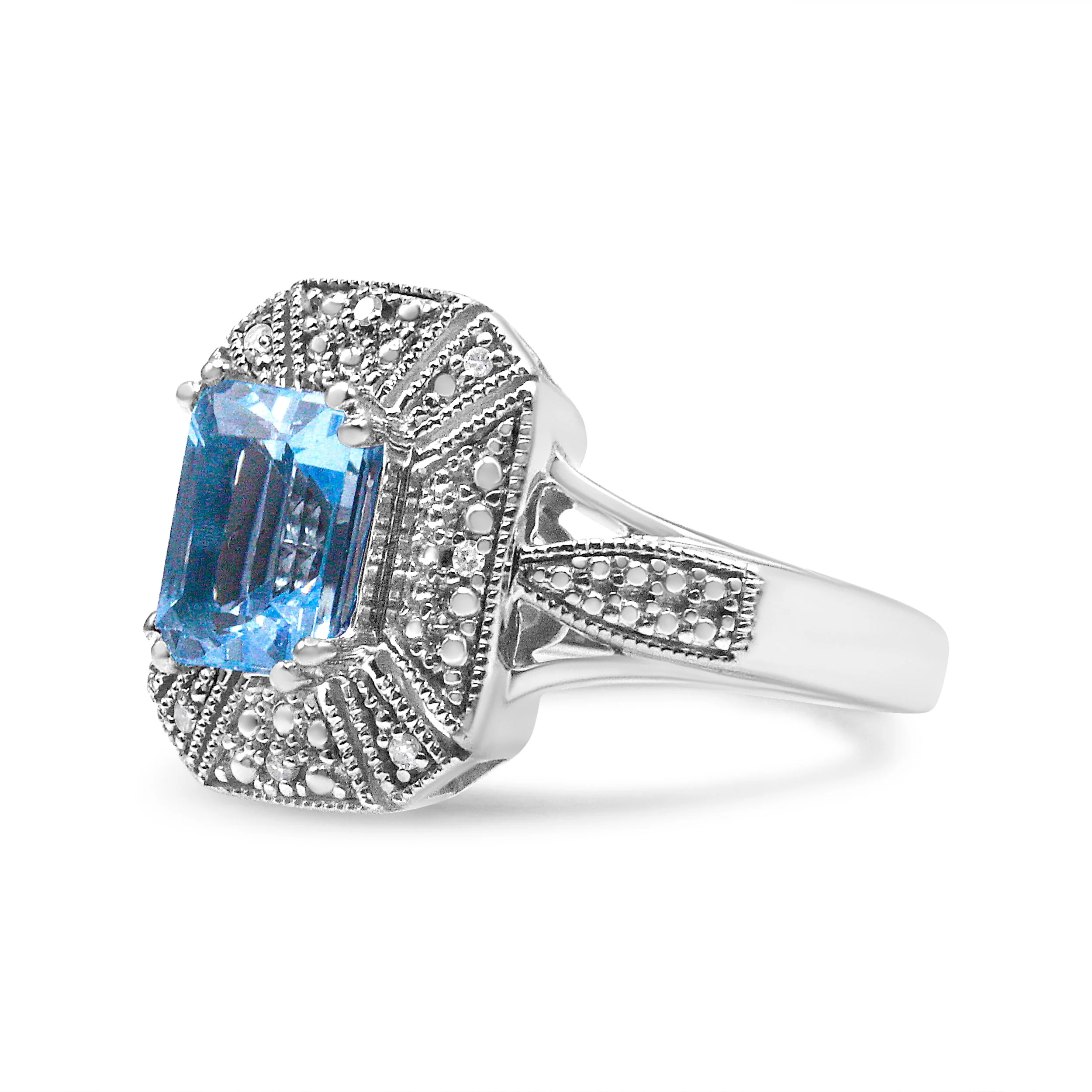 .925 Sterling Silver Diamond Accent and 8X6 mm Emerald-Shape Blue Topaz Ring (I-J Color, I2-I3 Clarity) - Ring Size 7 - Image 3