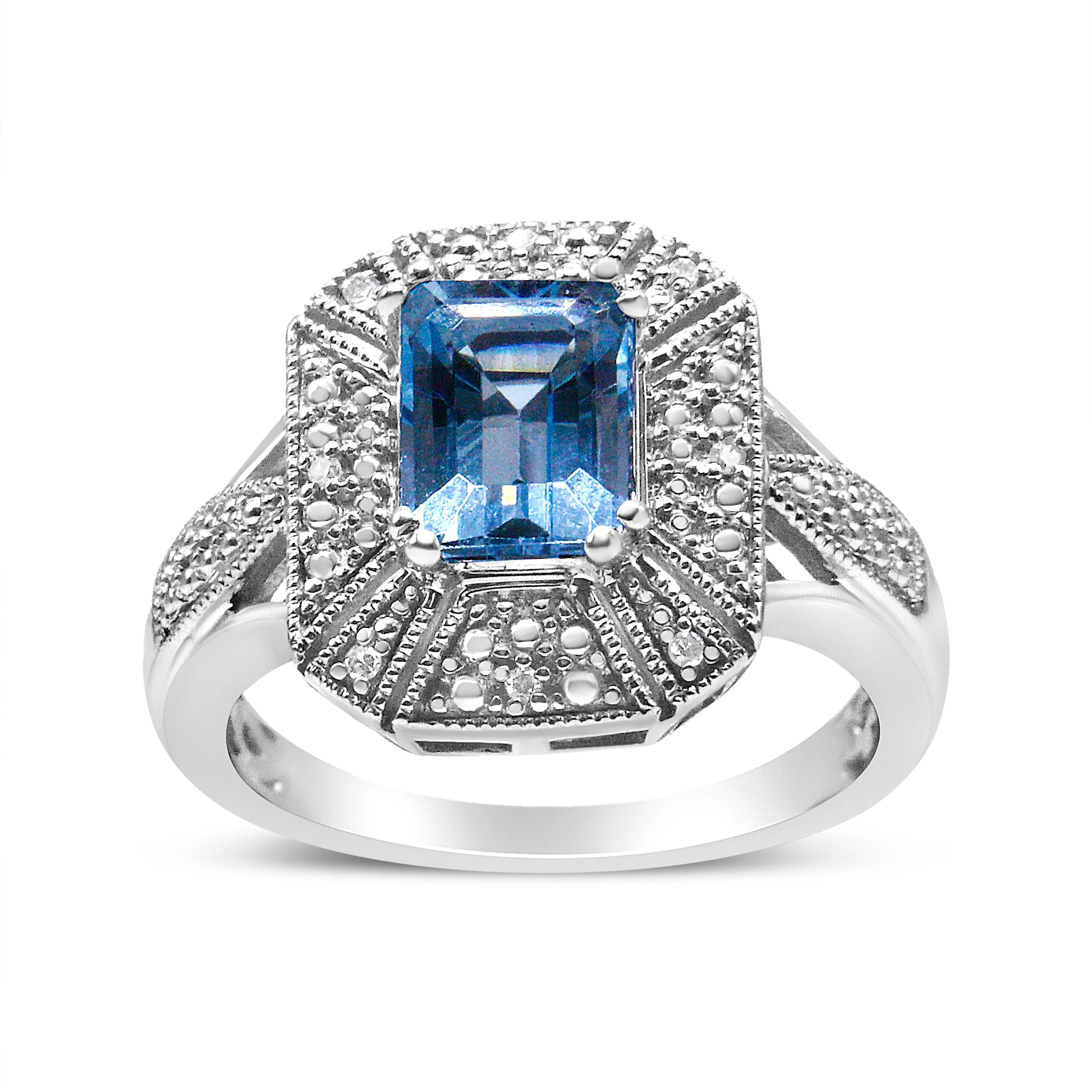 .925 Sterling Silver Diamond Accent and 8X6 mm Emerald-Shape Blue Topaz Ring (I-J Color, I2-I3 Clarity) - Ring Size 7 - Image 9