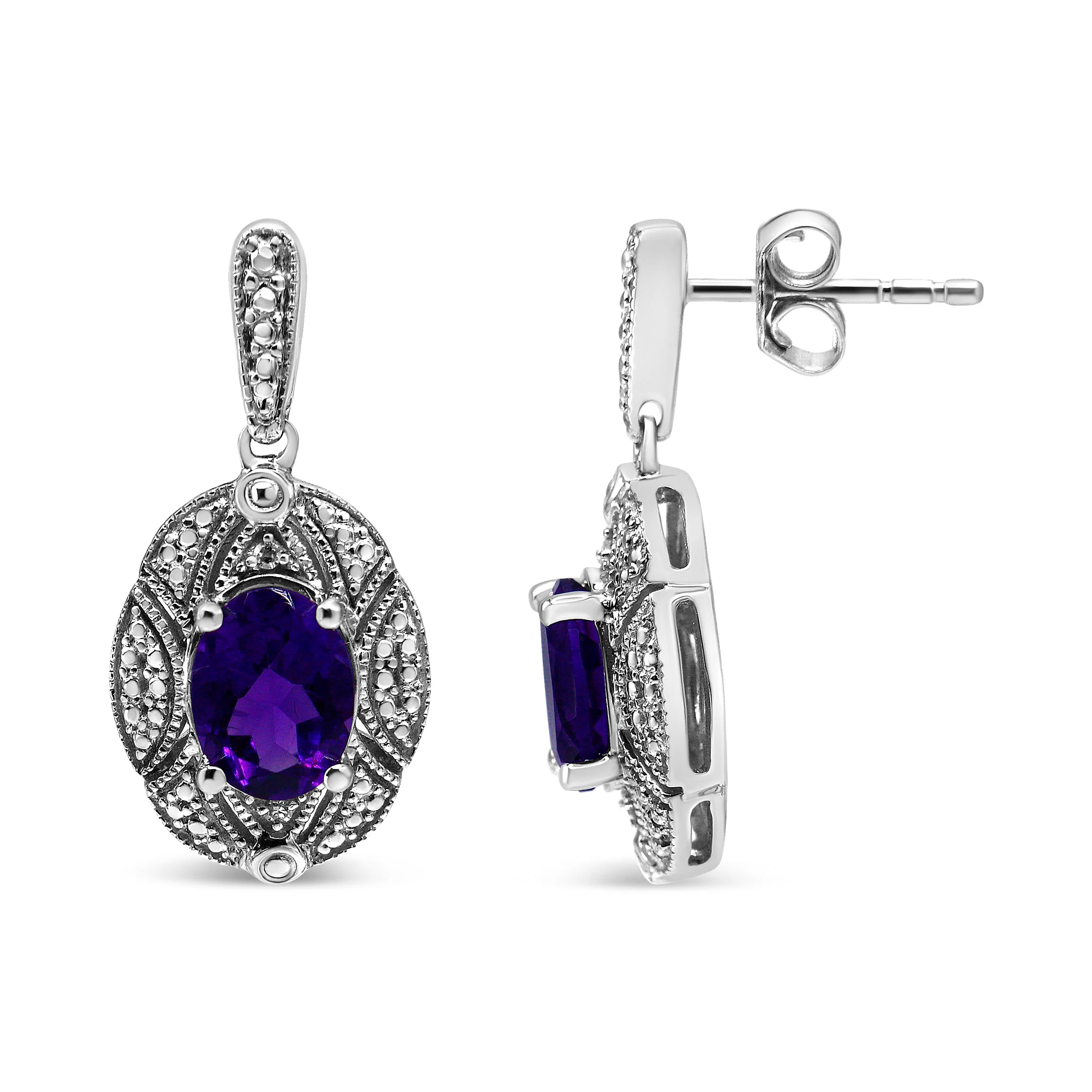 .925 Sterling Silver Diamond Accent and 8x6mm Purple Oval Amethyst Stud Earrings (I-J Color, I1-I2 Clarity) - Image 3