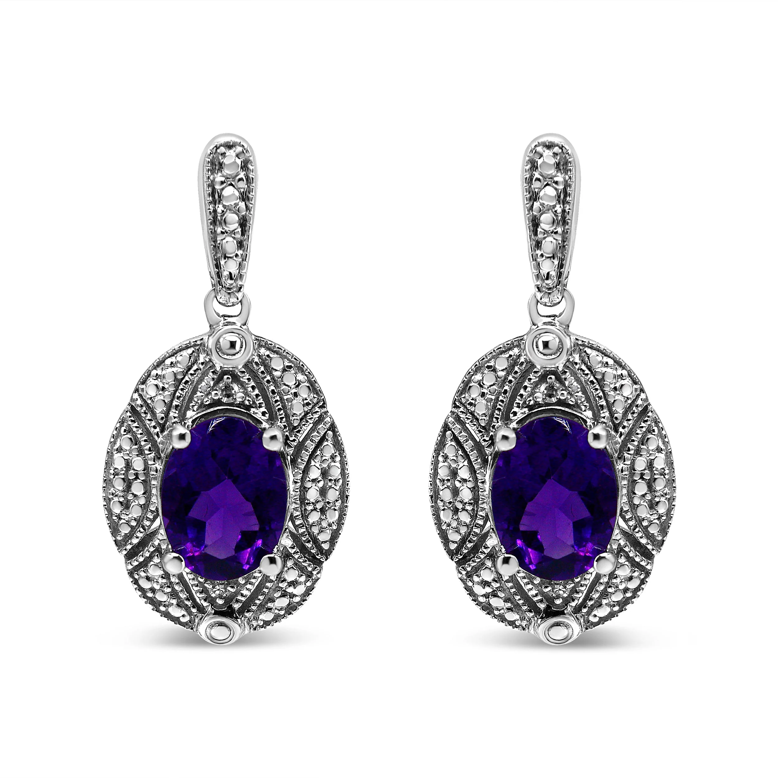 .925 Sterling Silver Diamond Accent and 8x6mm Purple Oval Amethyst Stud Earrings (I-J Color, I1-I2 Clarity) - Image 4