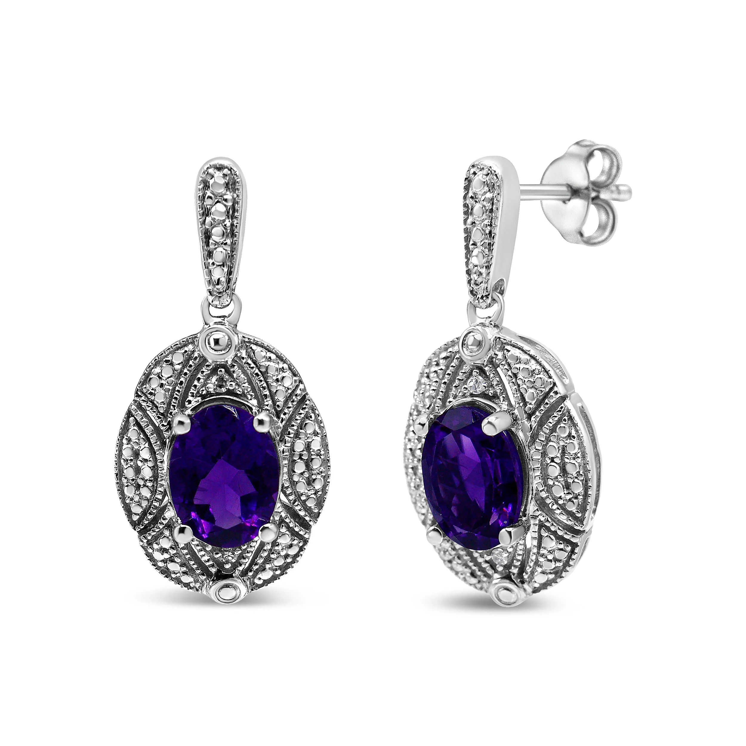 .925 Sterling Silver Diamond Accent and 8x6mm Purple Oval Amethyst Stud Earrings (I-J Color, I1-I2 Clarity) - Image 5