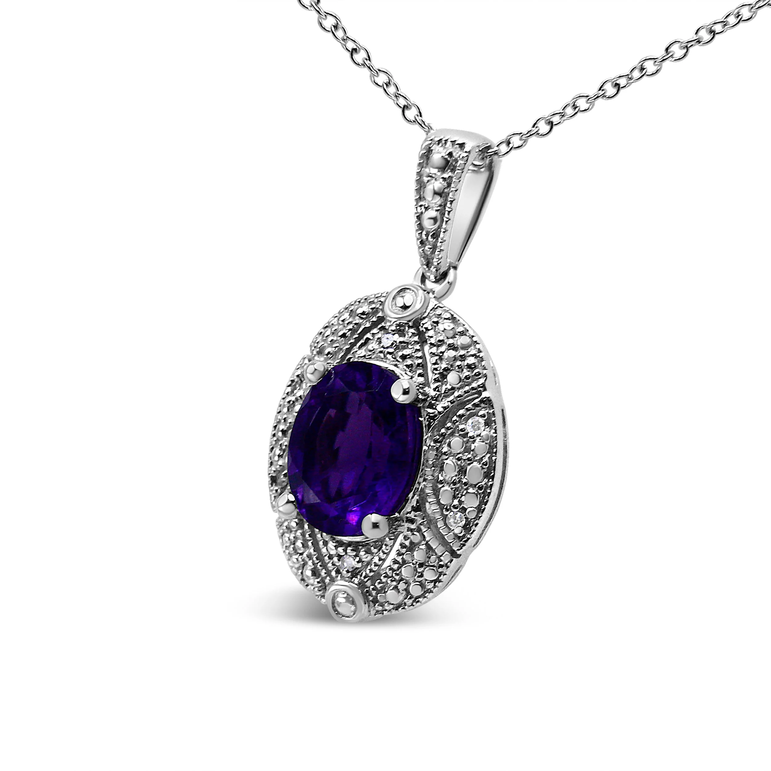 .925 Sterling Silver Diamond Accent and 9x7mm Purple Oval Amethyst Gemstone Pendant 18" Necklace (I-J Color, I1-I2 Clarity) - Image 2