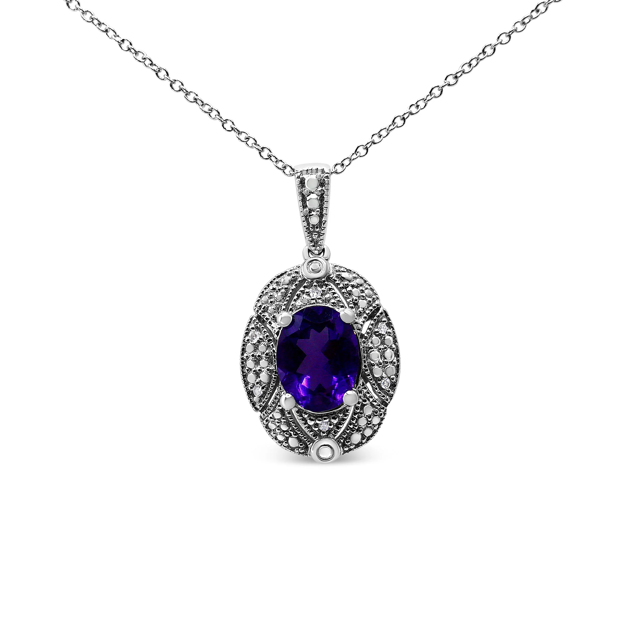 .925 Sterling Silver Diamond Accent and 9x7mm Purple Oval Amethyst Gemstone Pendant 18" Necklace (I-J Color, I1-I2 Clarity) - Image 3