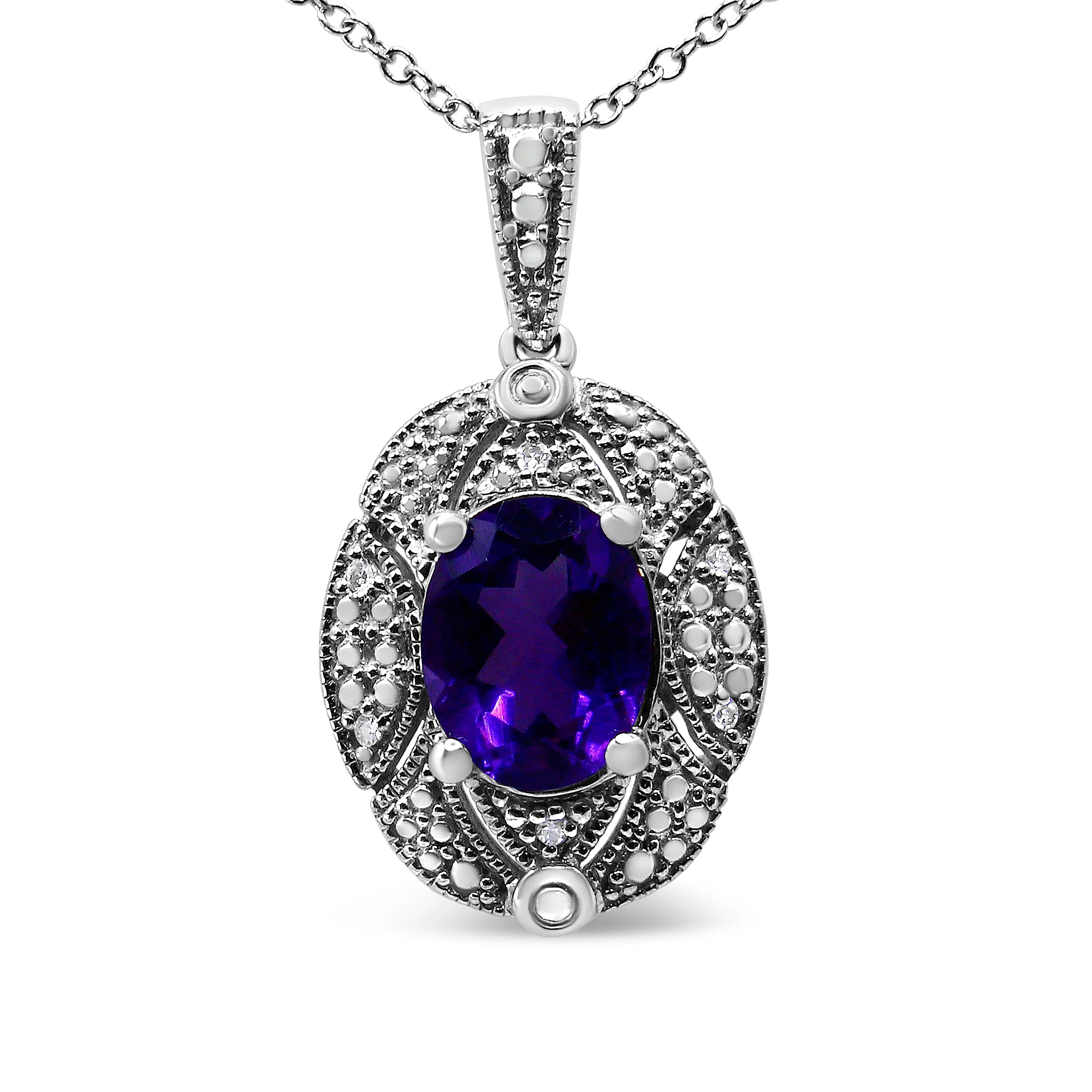 .925 Sterling Silver Diamond Accent and 9x7mm Purple Oval Amethyst Gemstone Pendant 18" Necklace (I-J Color, I1-I2 Clarity) - Image 4