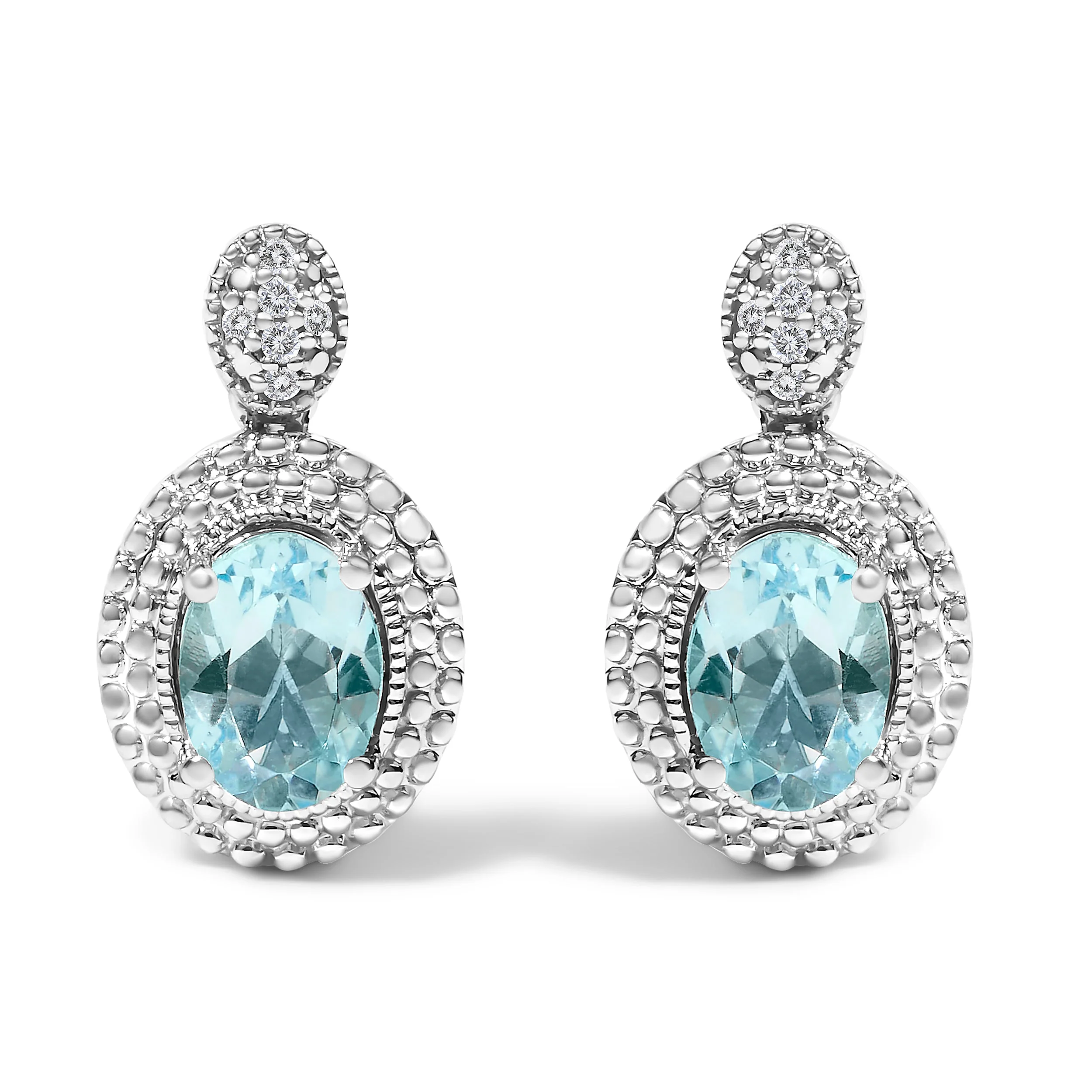 .925 Sterling Silver Diamond Accent and Oval Blue Topaz with Beaded Halo Drop Stud Earrings (I-J color, I1-I2 Clarity)