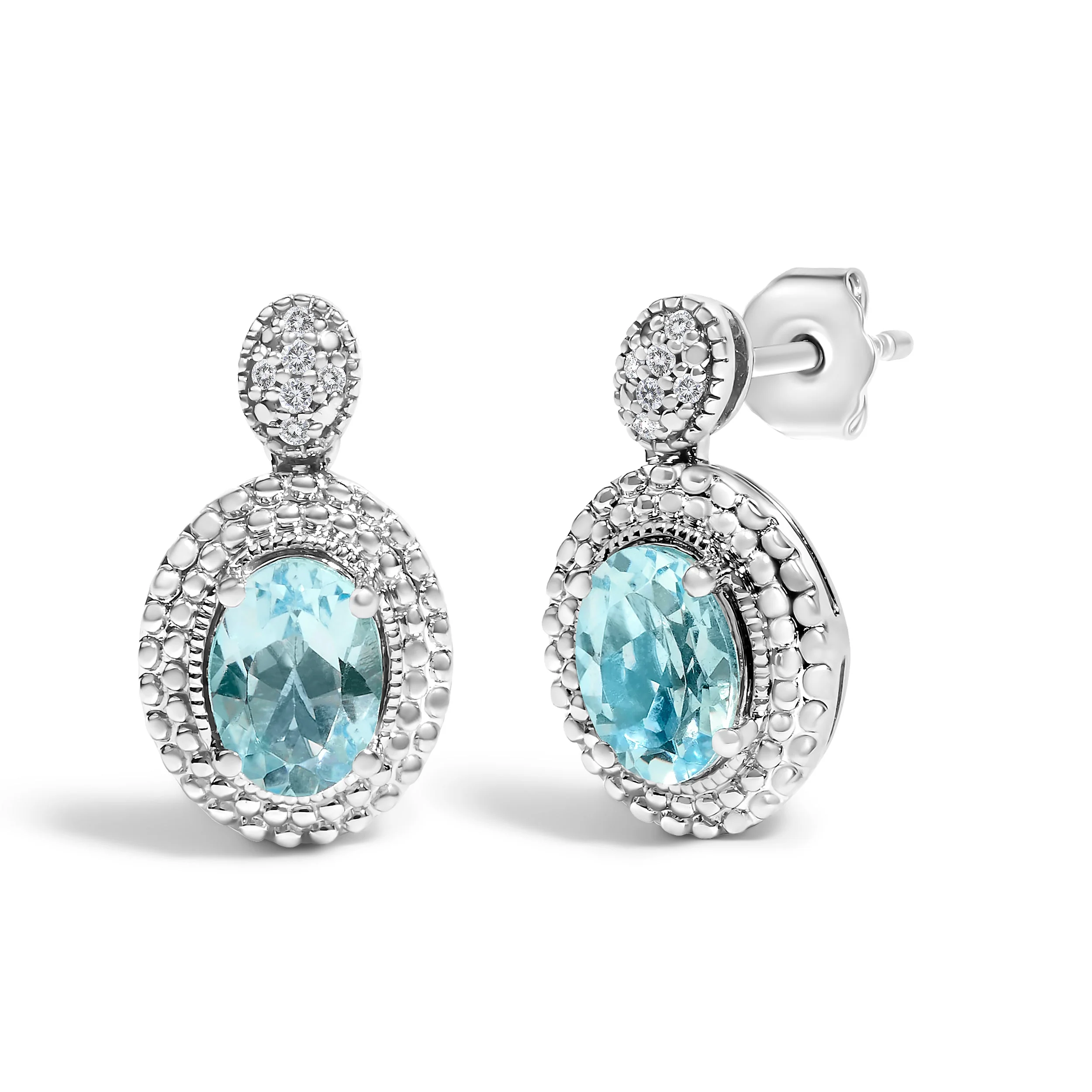 .925 Sterling Silver Diamond Accent and Oval Blue Topaz with Beaded Halo Drop Stud Earrings (I-J color, I1-I2 Clarity) - Image 2