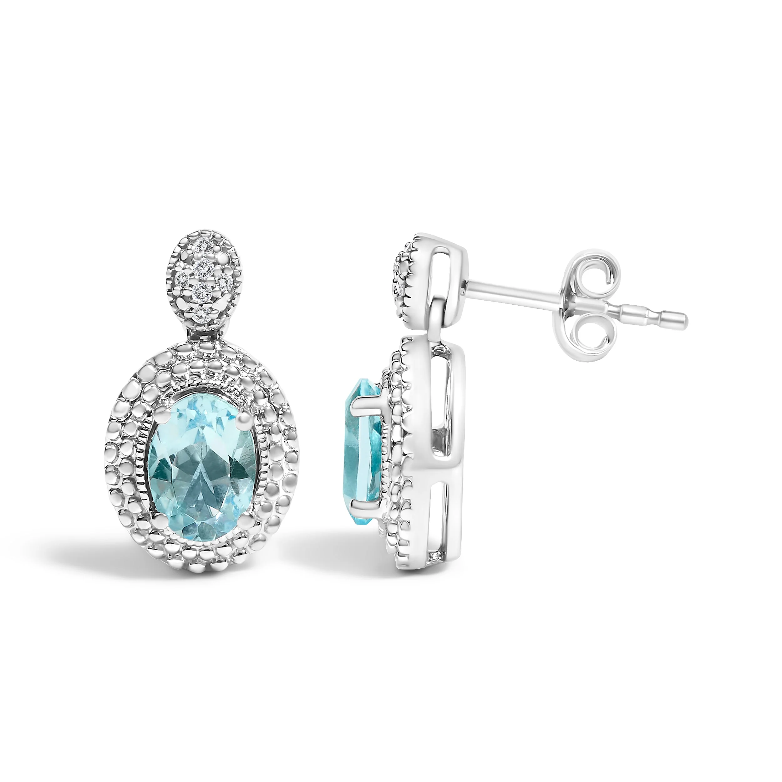 .925 Sterling Silver Diamond Accent and Oval Blue Topaz with Beaded Halo Drop Stud Earrings (I-J color, I1-I2 Clarity) - Image 3
