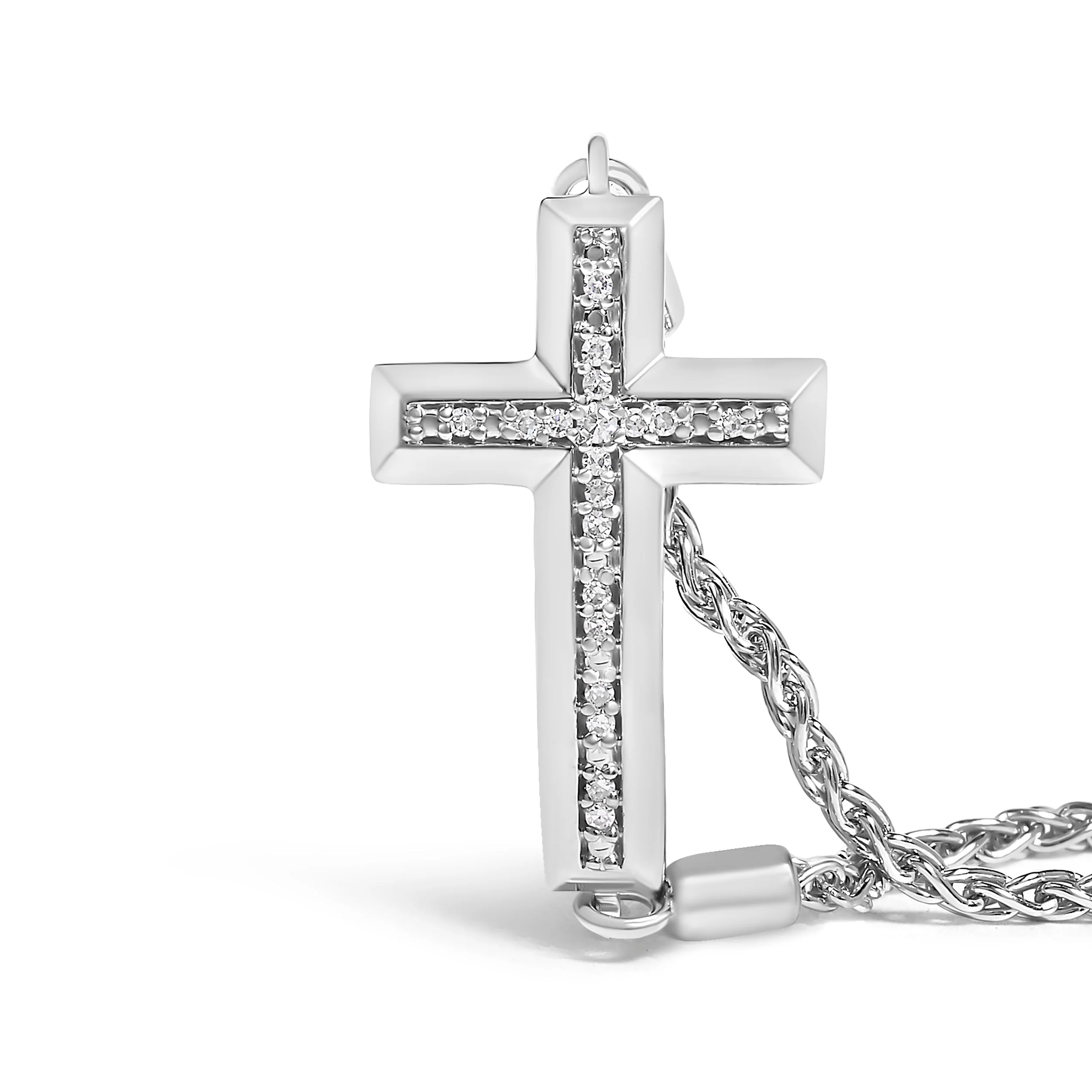 .925 Sterling Silver Diamond Accent Cross Bolo Bracelet (I-J Color, I1-I2 Clarity) - 7" - Image 2