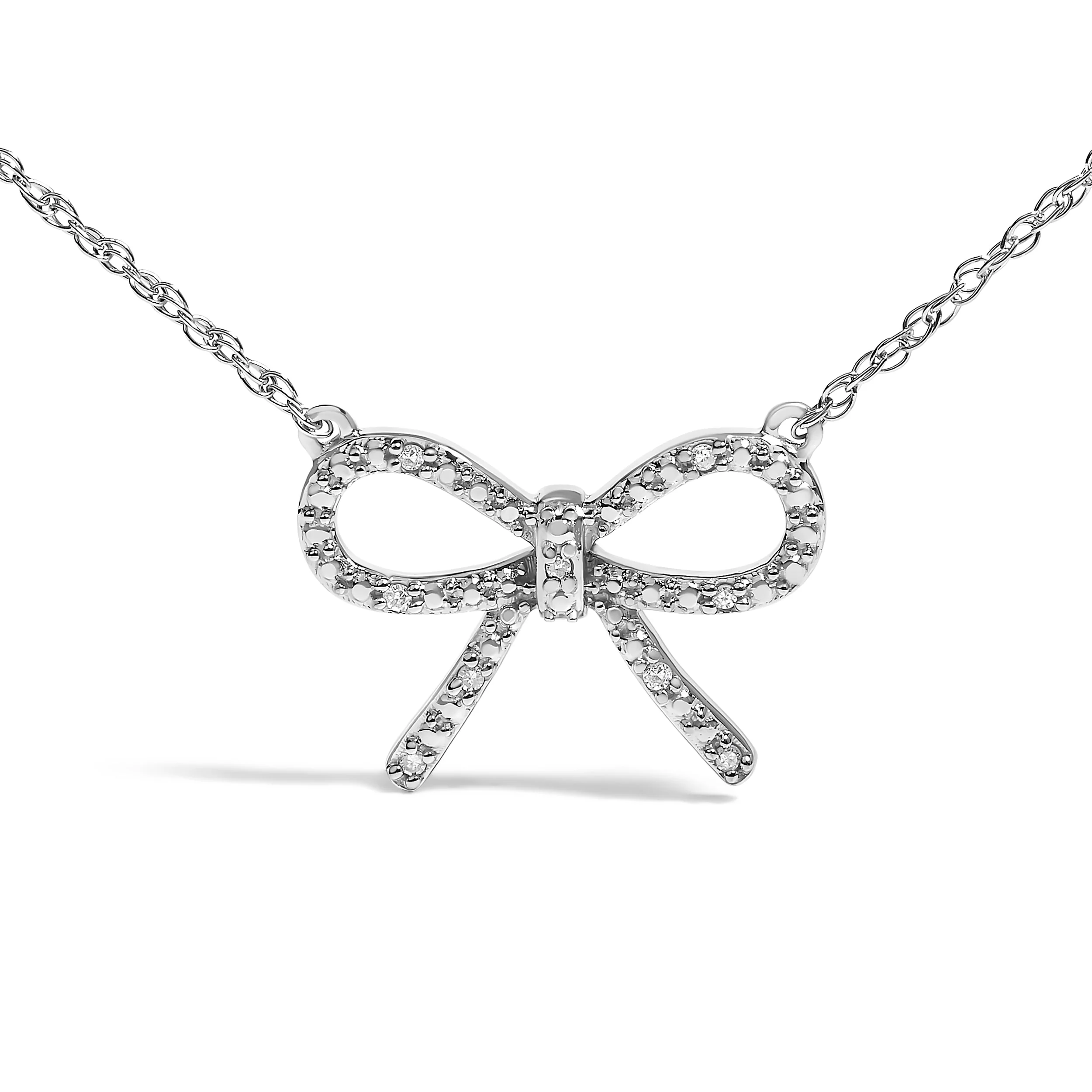 .925 Sterling Silver Diamond Accent Ribbon Bow Knot Pendant Necklace (J-K Color, I2-I3 Clarity) - 18" Inches - Image 2