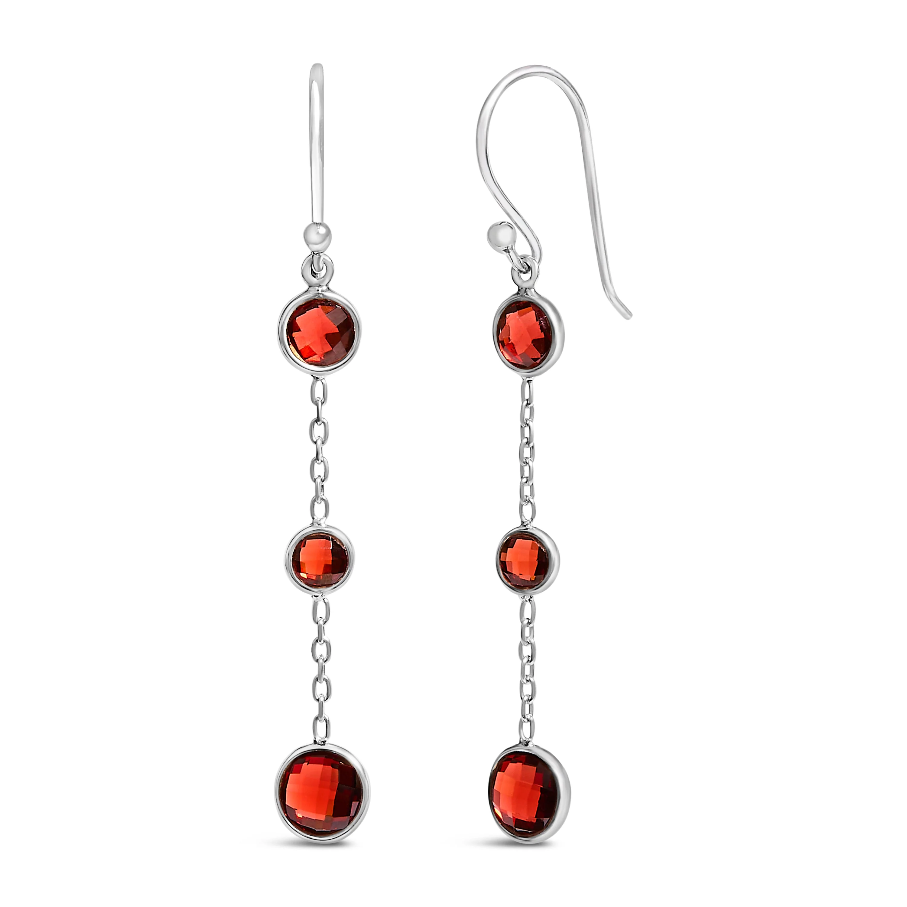 .925 Sterling Silver Graduating Bezel Set Red Garnet Dangle Earring - Image 2