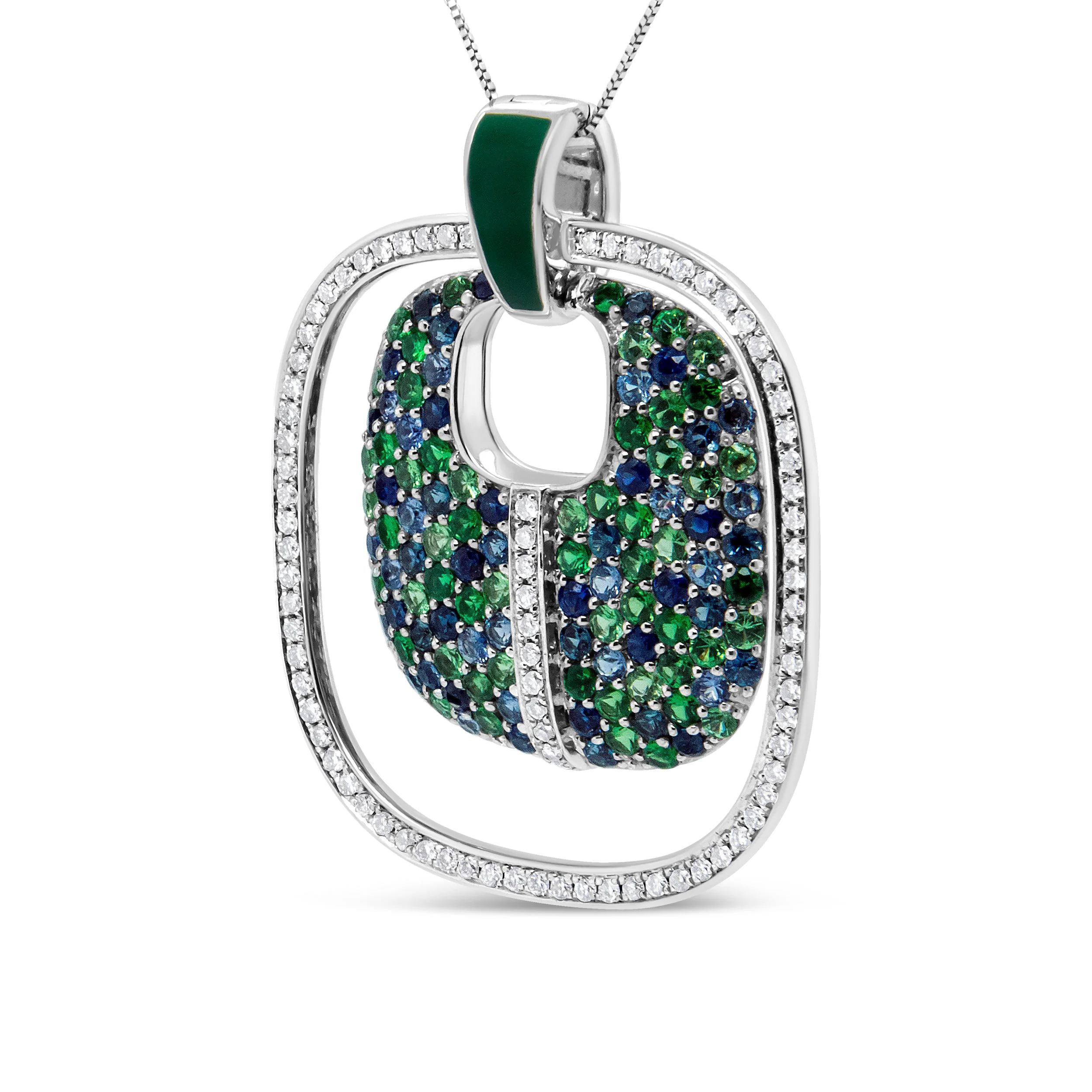 .925 Sterling Silver Green Enamel Pendant with 1/2 Cttw Diamond, Sapphire, and Tsavorite Openwork Statement 18" Pendant Necklace (F-G Color, VS1-VS2 Clarity) - Image 5