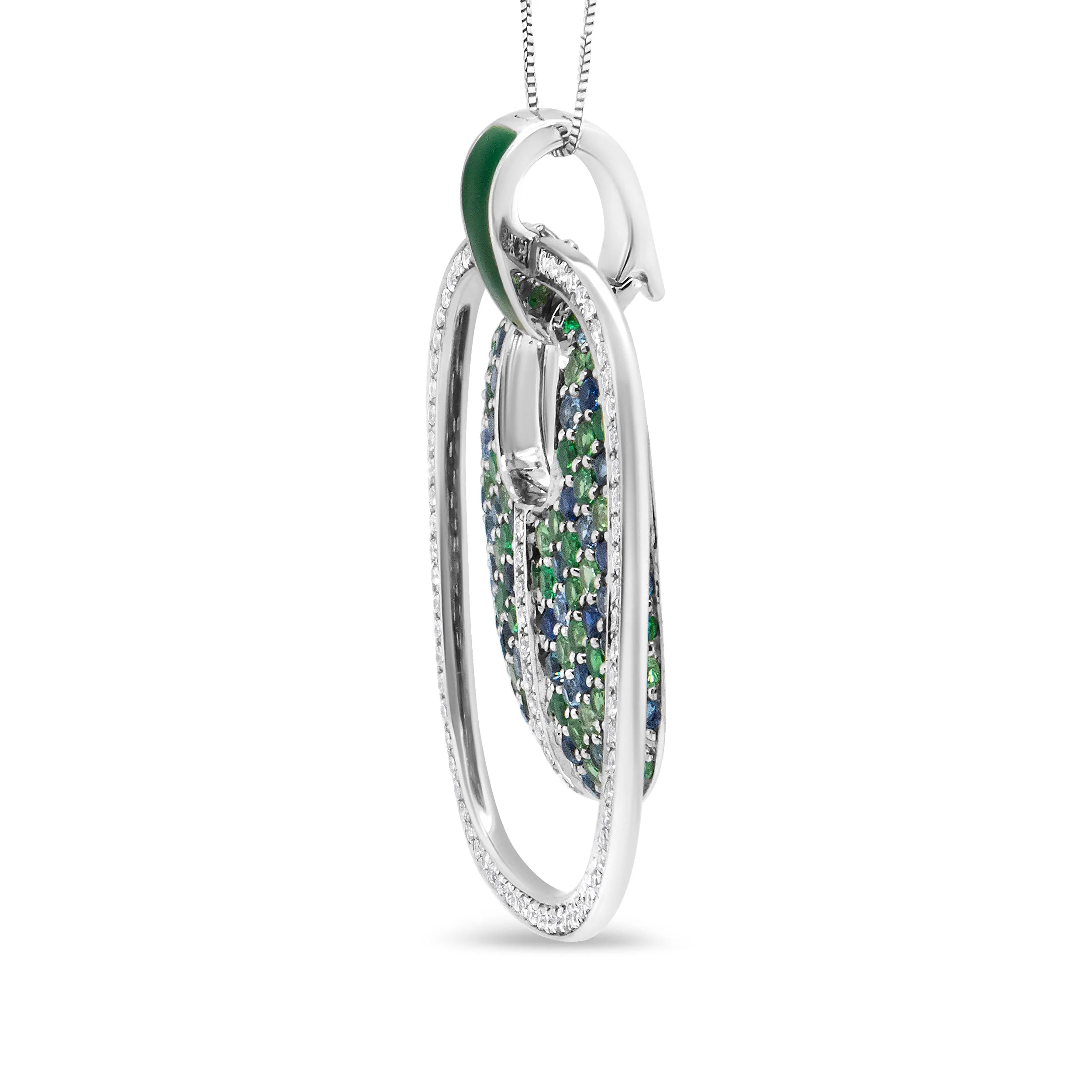 .925 Sterling Silver Green Enamel Pendant with 1/2 Cttw Diamond, Sapphire, and Tsavorite Openwork Statement 18" Pendant Necklace (F-G Color, VS1-VS2 Clarity) - Image 6