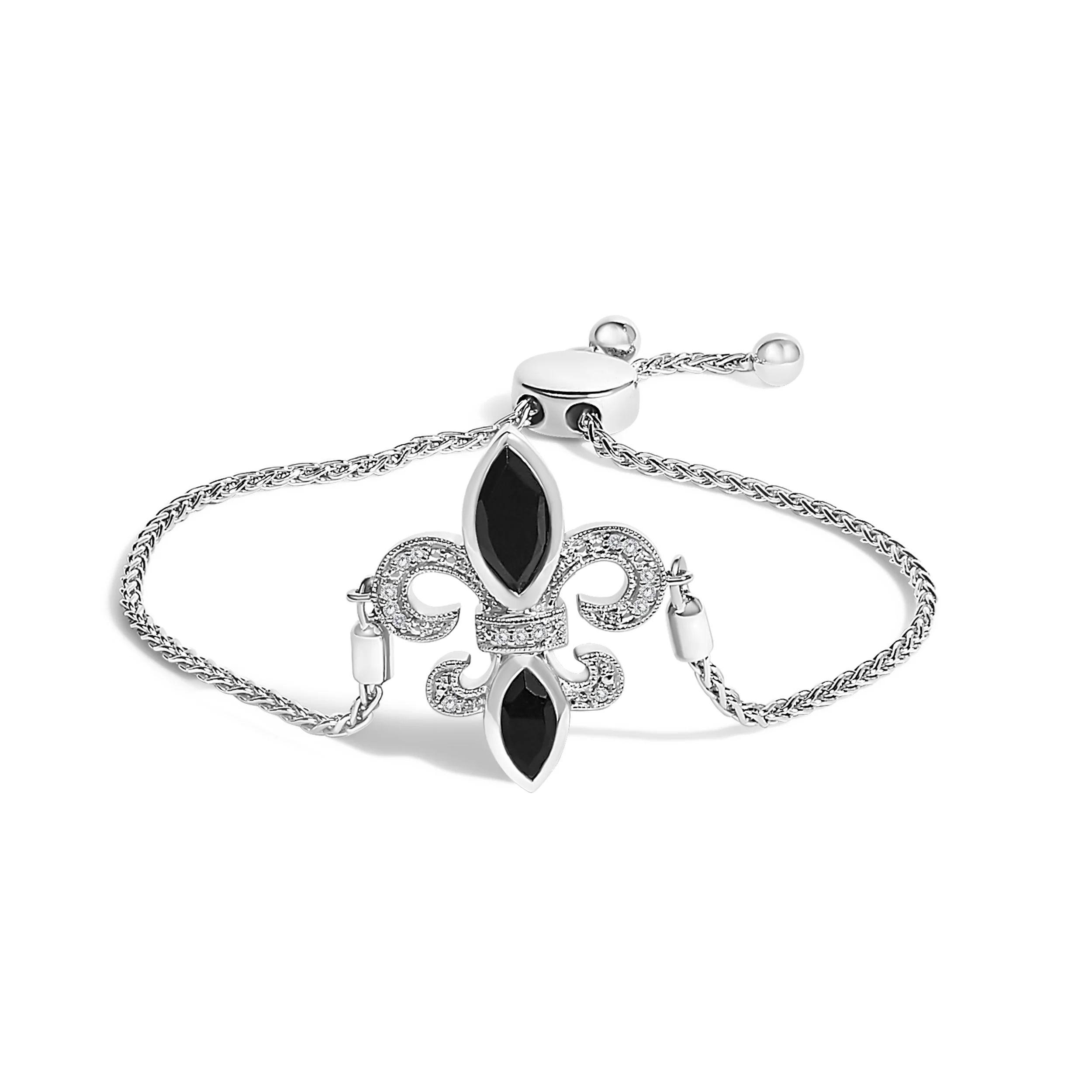.925 Sterling Silver Marquise Black Onyx and Diamond Accent Lariat 4â€-10†Fleur De Lis Adjustable Bolo Bracelet (I-J Color, I1-I2 Clarity)