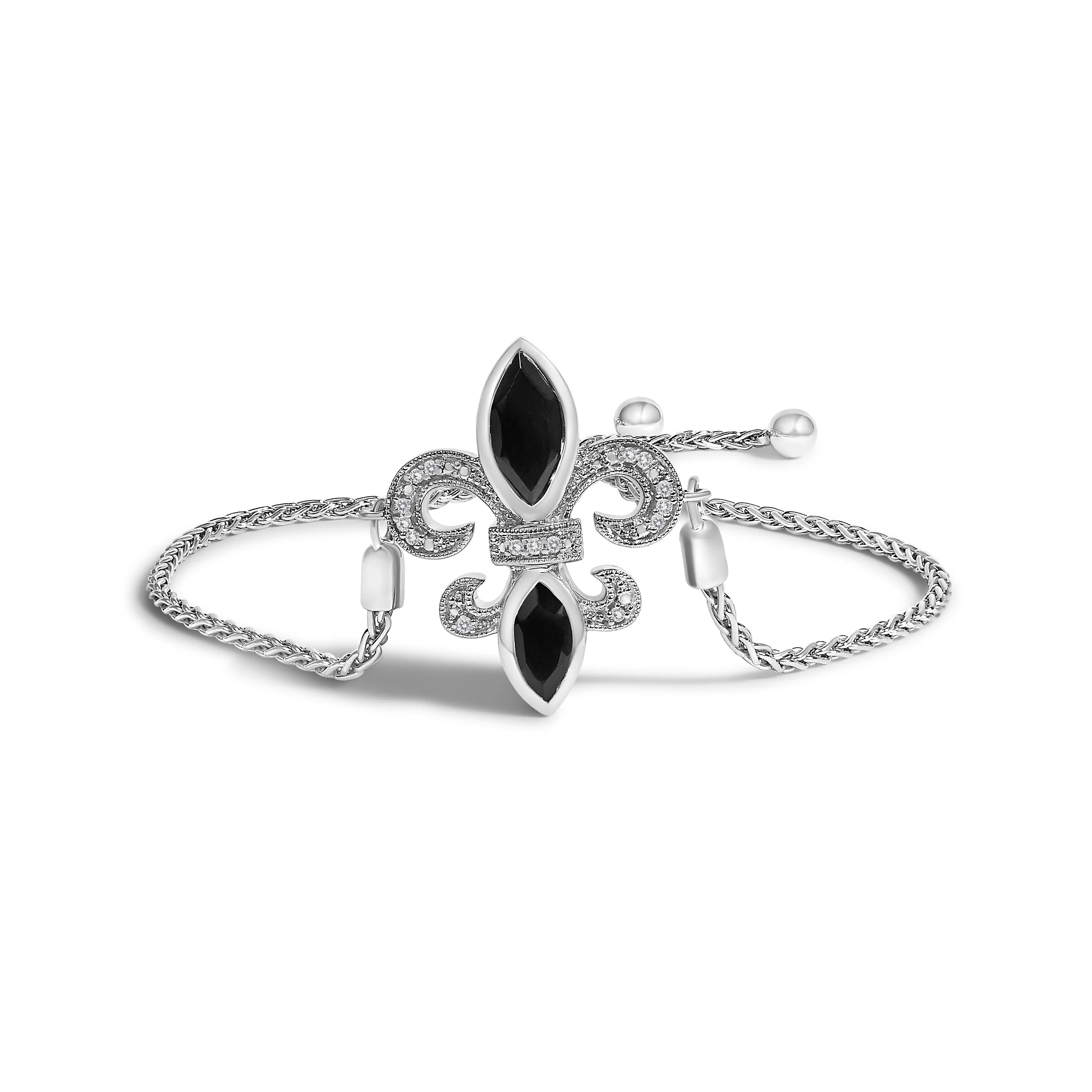 .925 Sterling Silver Marquise Black Onyx and Diamond Accent Lariat 4â€-10†Fleur De Lis Adjustable Bolo Bracelet (I-J Color, I1-I2 Clarity) - Image 2