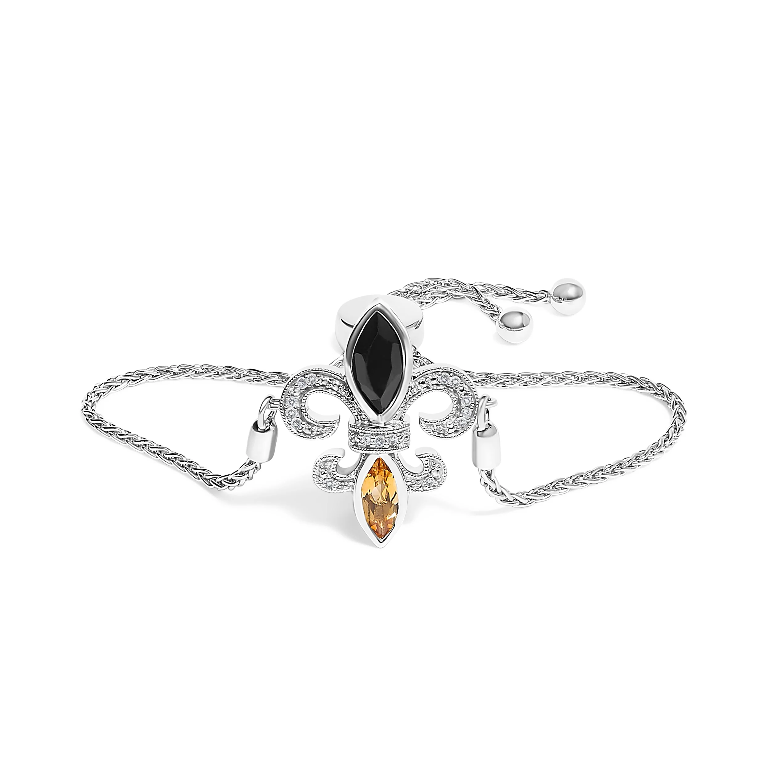 .925 Sterling Silver Marquise Black Onyx, Orange Citrine, and Diamond Accent Lariat 4â€-10†Fleur De Lis Adjustable Bolo Bracelet (I-J Color, I1-I2 Clarity) - 7"