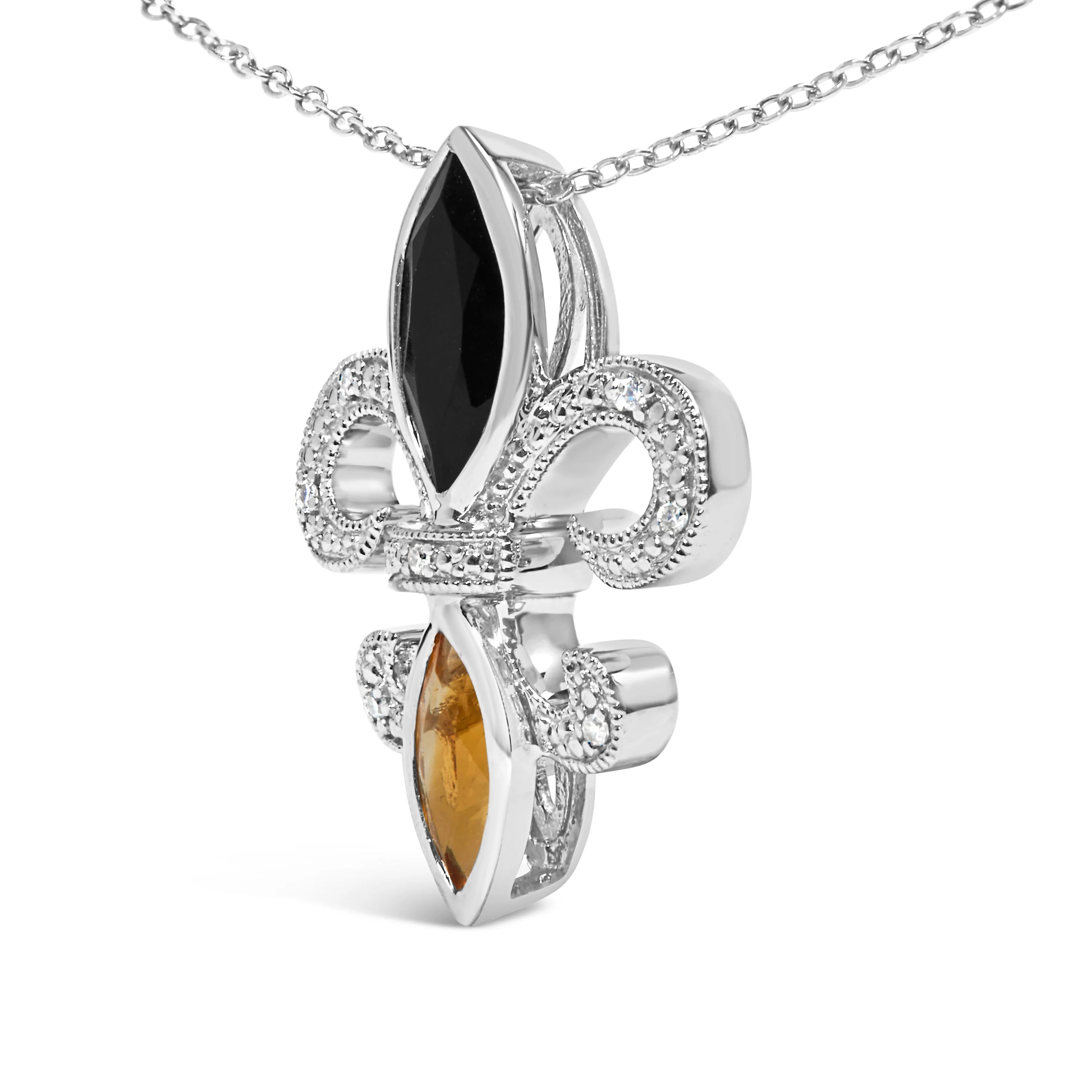 .925 Sterling Silver Marquise Onyx and Citrine and Diamond Accent Fleur De Lis Pendant Necklace (H-I Color, SI1-SI2 Clarity) - 18" - Image 3