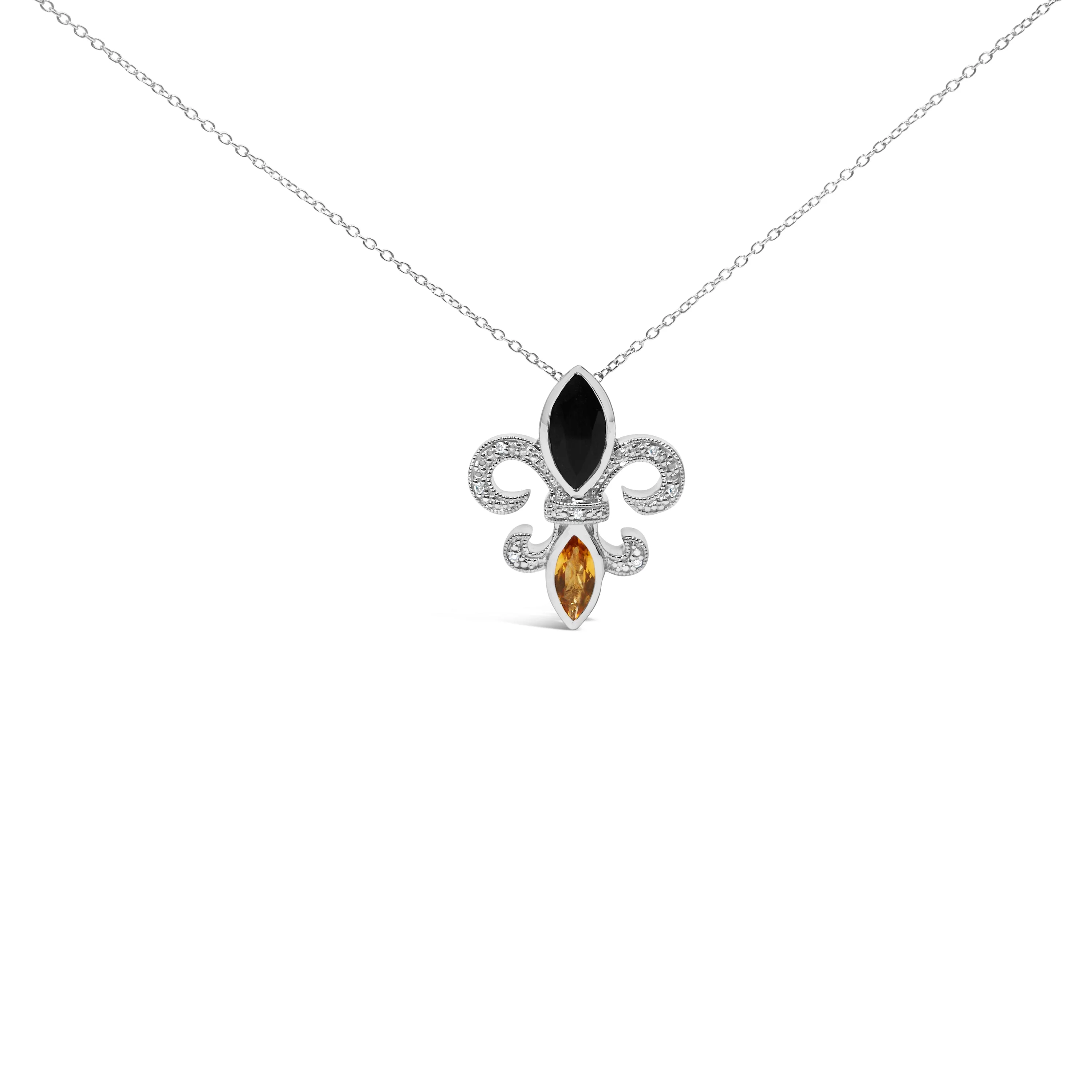 .925 Sterling Silver Marquise Onyx and Citrine and Diamond Accent Fleur De Lis Pendant Necklace (H-I Color, SI1-SI2 Clarity) - 18" - Image 4