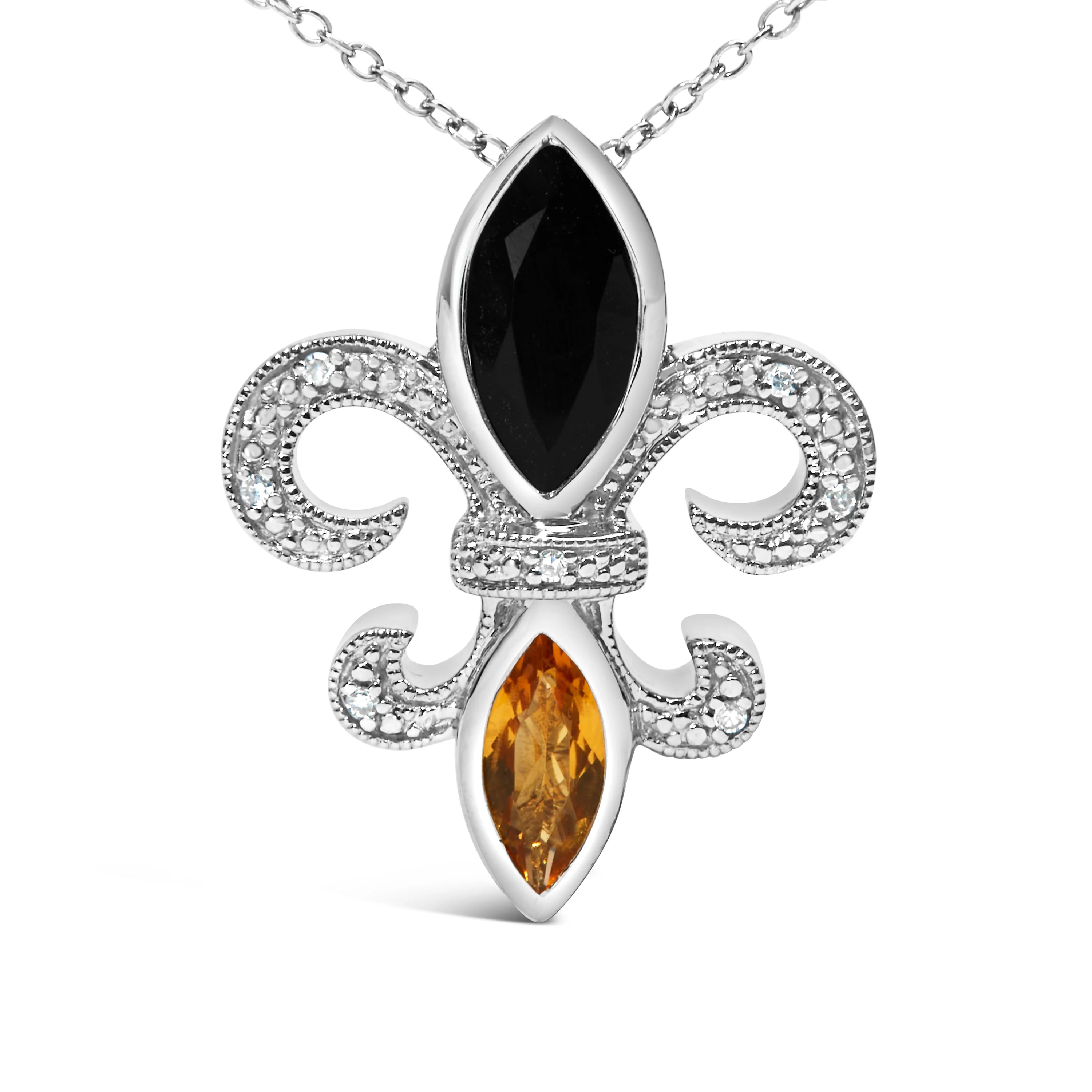 .925 Sterling Silver Marquise Onyx and Citrine and Diamond Accent Fleur De Lis Pendant Necklace (H-I Color, SI1-SI2 Clarity) - 18" - Image 5