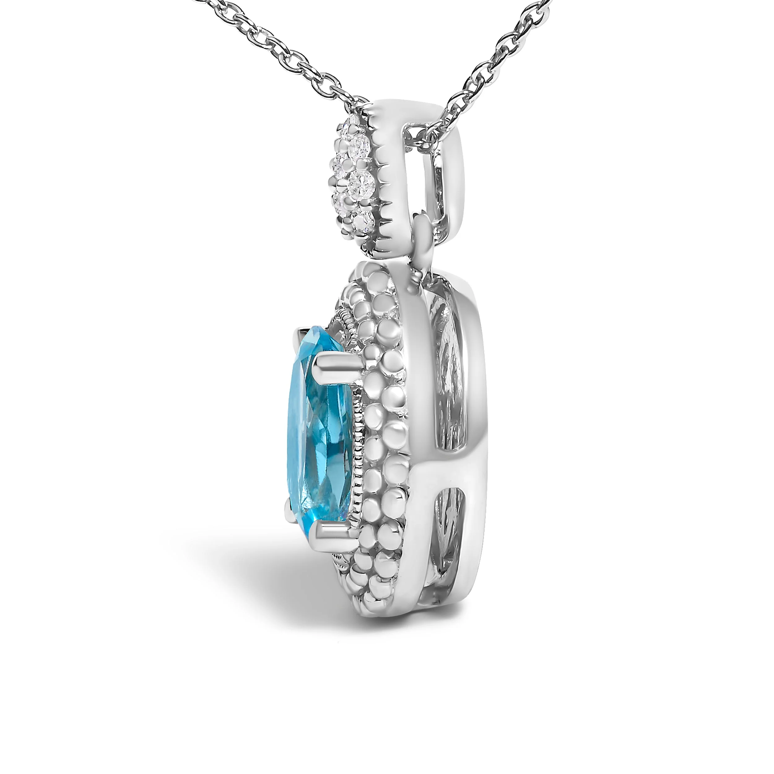 .925 Sterling Silver Oval Blue Topaz and Diamond Accent with Beaded Halo Pendant Necklace - 18" Inches - Image 3