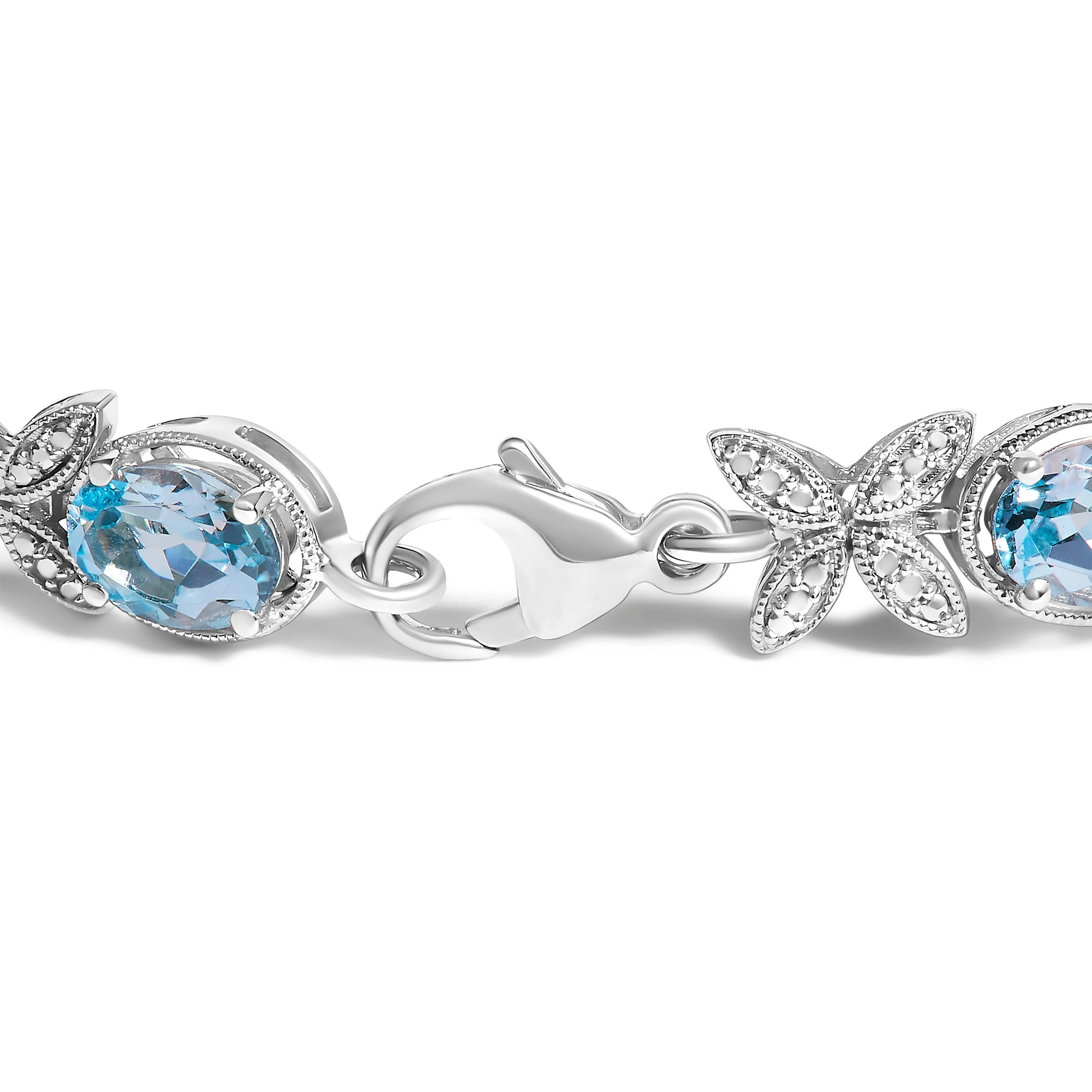 .925 Sterling Silver Oval Blue Topaz Diamond Butterfly Link Bracelet (I-J Color, I1-I2 Clarity) - Size 7" Inches - Image 2