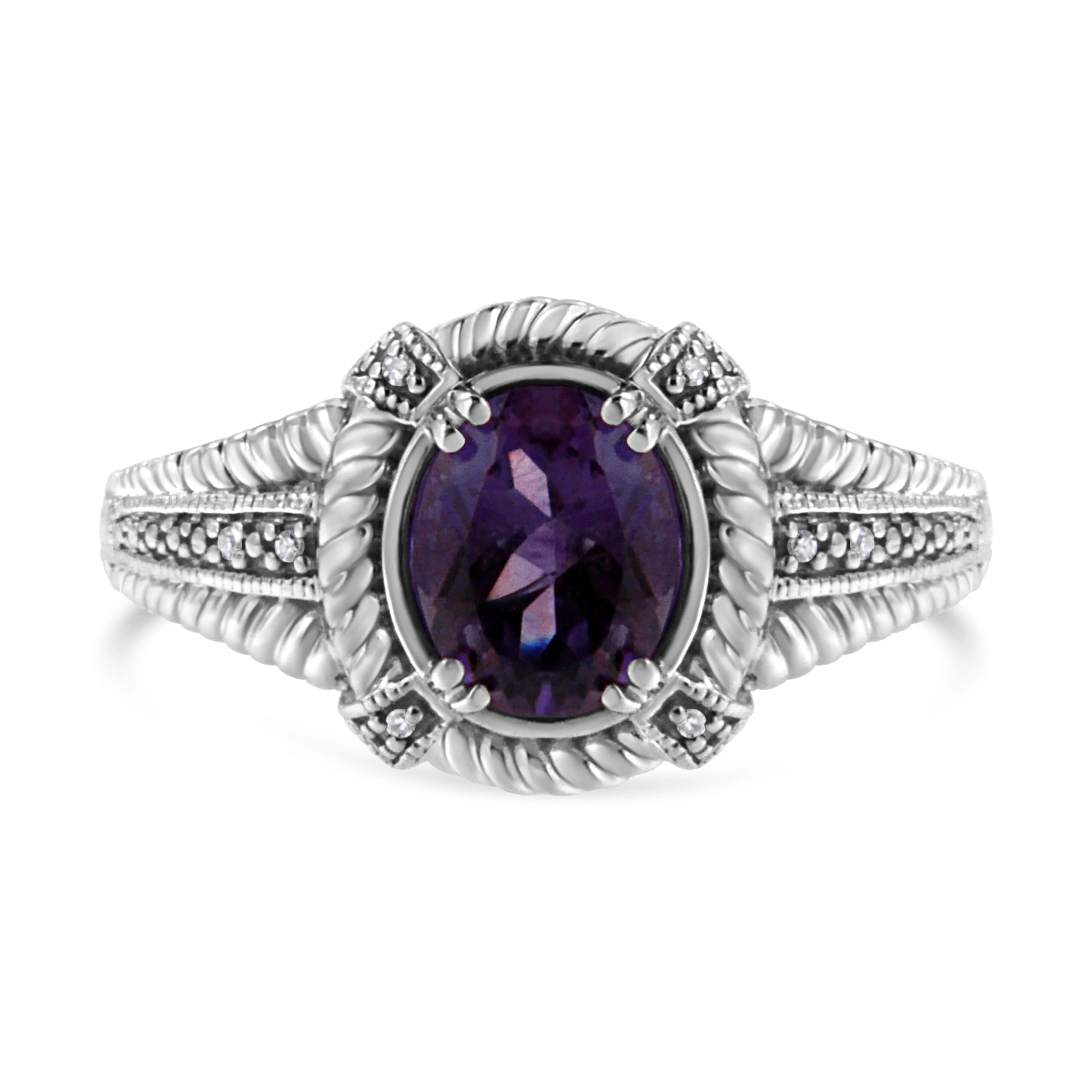 .925 Sterling Silver Prong Set Natural Oval Shape 9X7 MM Purple Amethyst Solitaire and Diamond Accent Ring (I-J Color, I1-I2 Clarity) - Ring Size 7 - Image 13