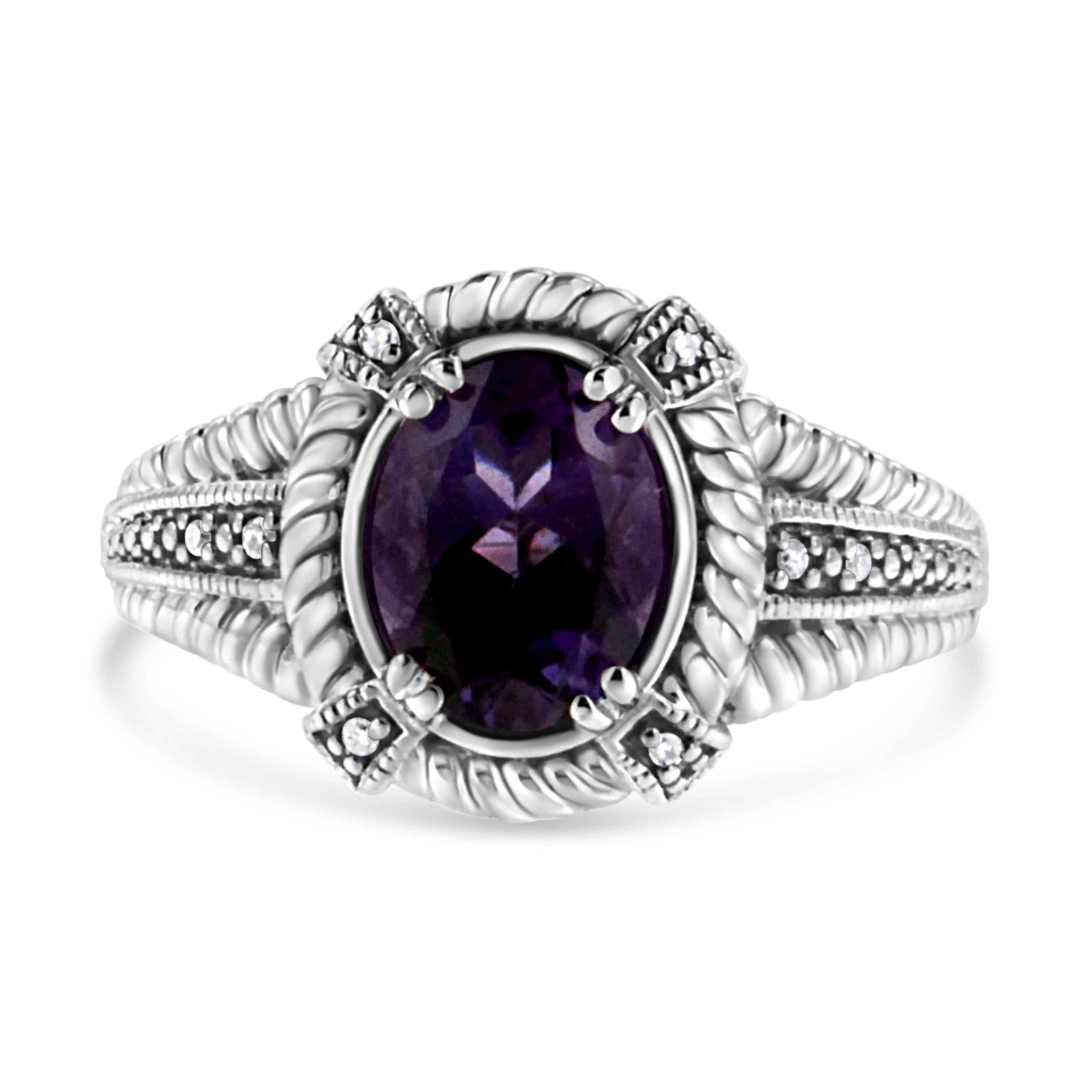 .925 Sterling Silver Prong Set Natural Oval Shape 9X7 MM Purple Amethyst Solitaire and Diamond Accent Ring (I-J Color, I1-I2 Clarity) - Ring Size 7 - Image 3