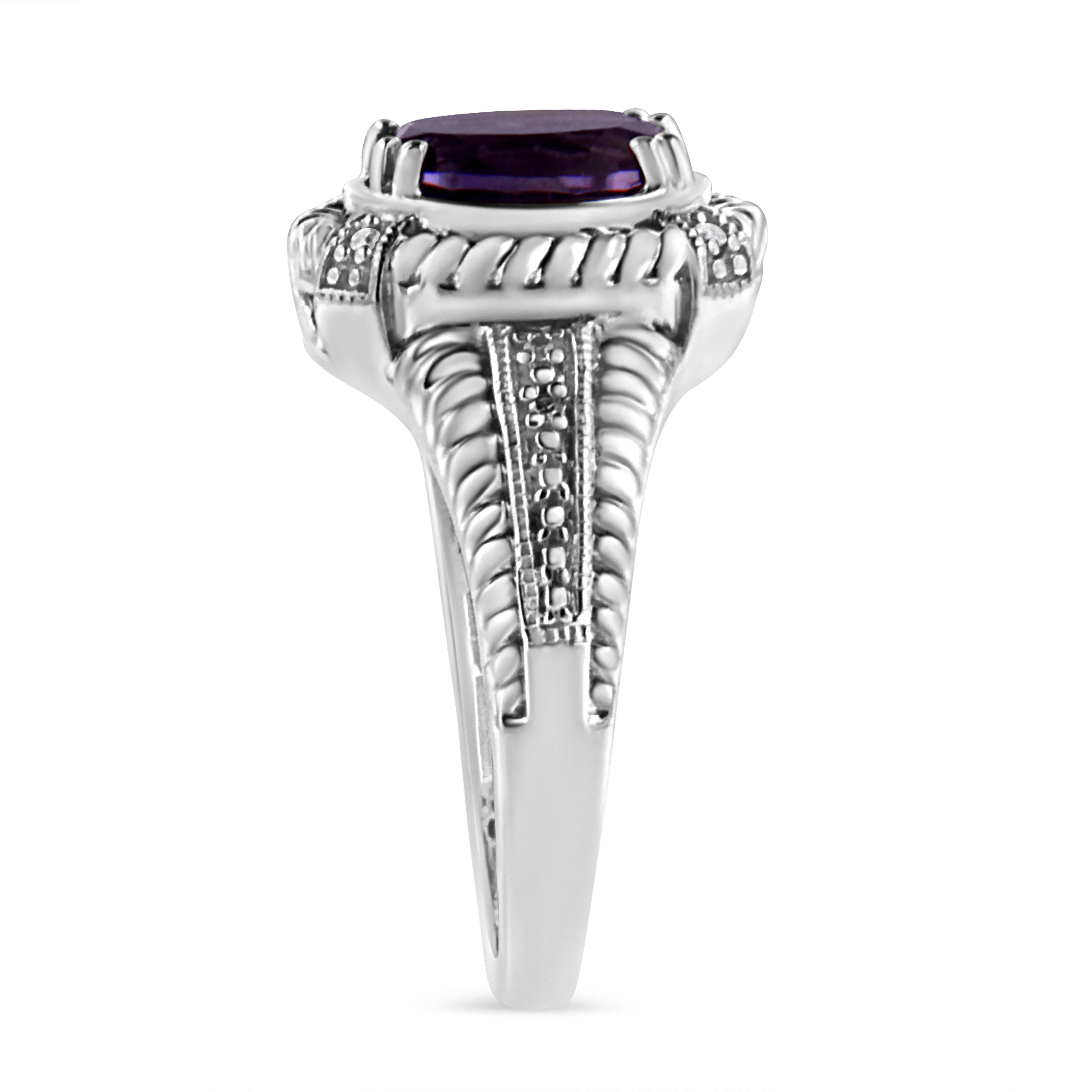 .925 Sterling Silver Prong Set Natural Oval Shape 9X7 MM Purple Amethyst Solitaire and Diamond Accent Ring (I-J Color, I1-I2 Clarity) - Ring Size 7 - Image 7