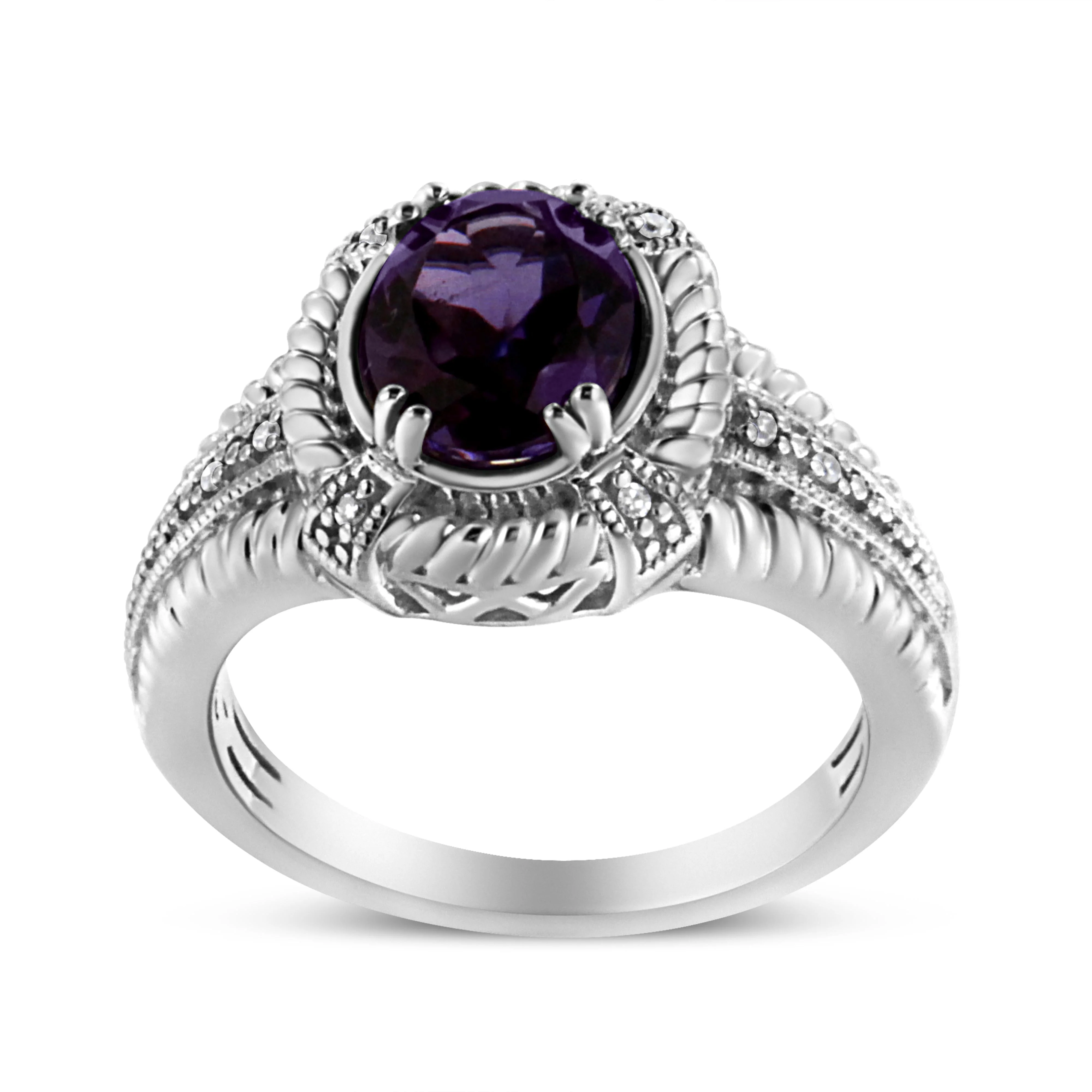 .925 Sterling Silver Prong Set Natural Oval Shape 9X7 MM Purple Amethyst Solitaire and Diamond Accent Ring (I-J Color, I1-I2 Clarity) - Ring Size 7 - Image 8