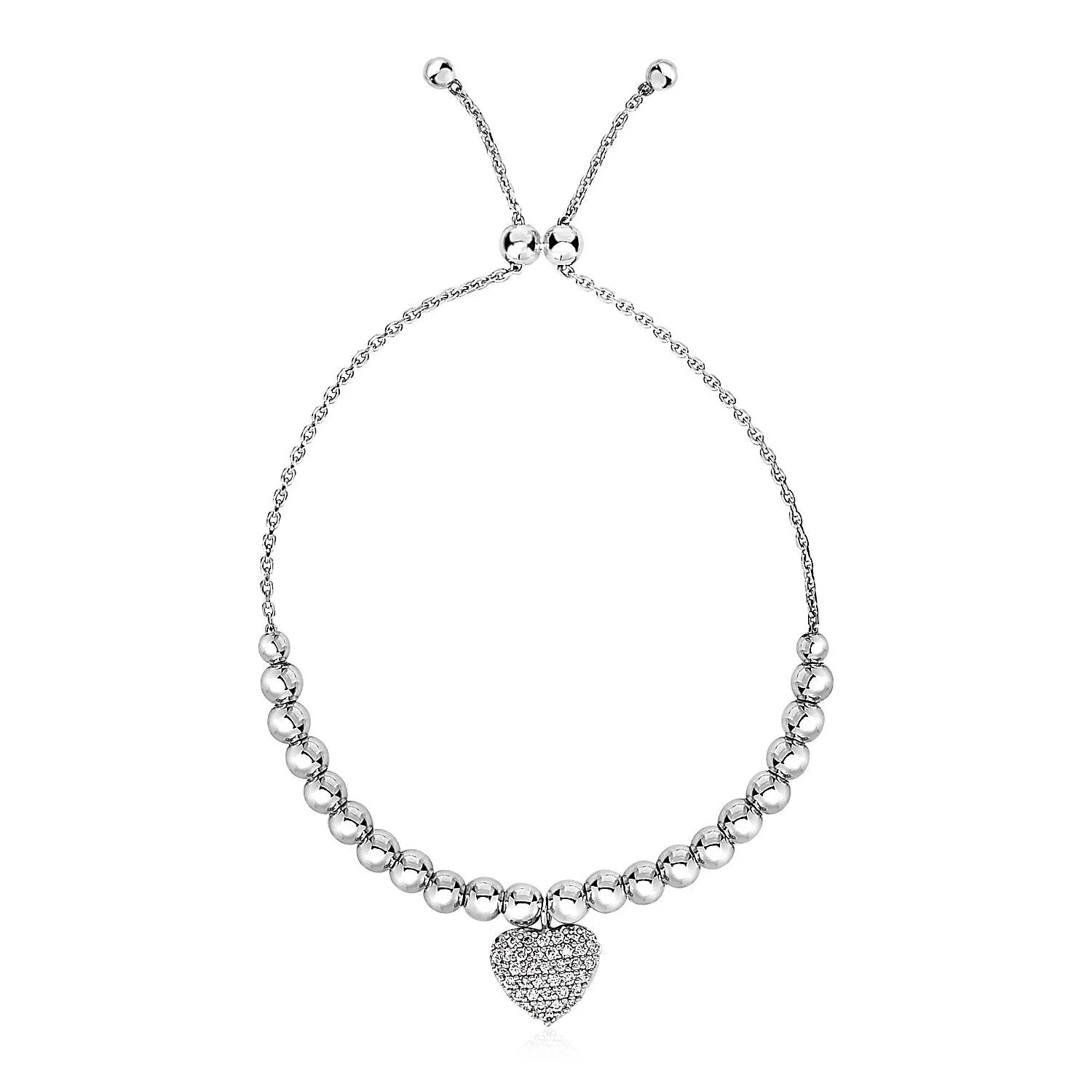 Adjustable Bead Bracelet with Round Charm and Cubic Zirconias in Sterling Silver - Image 4