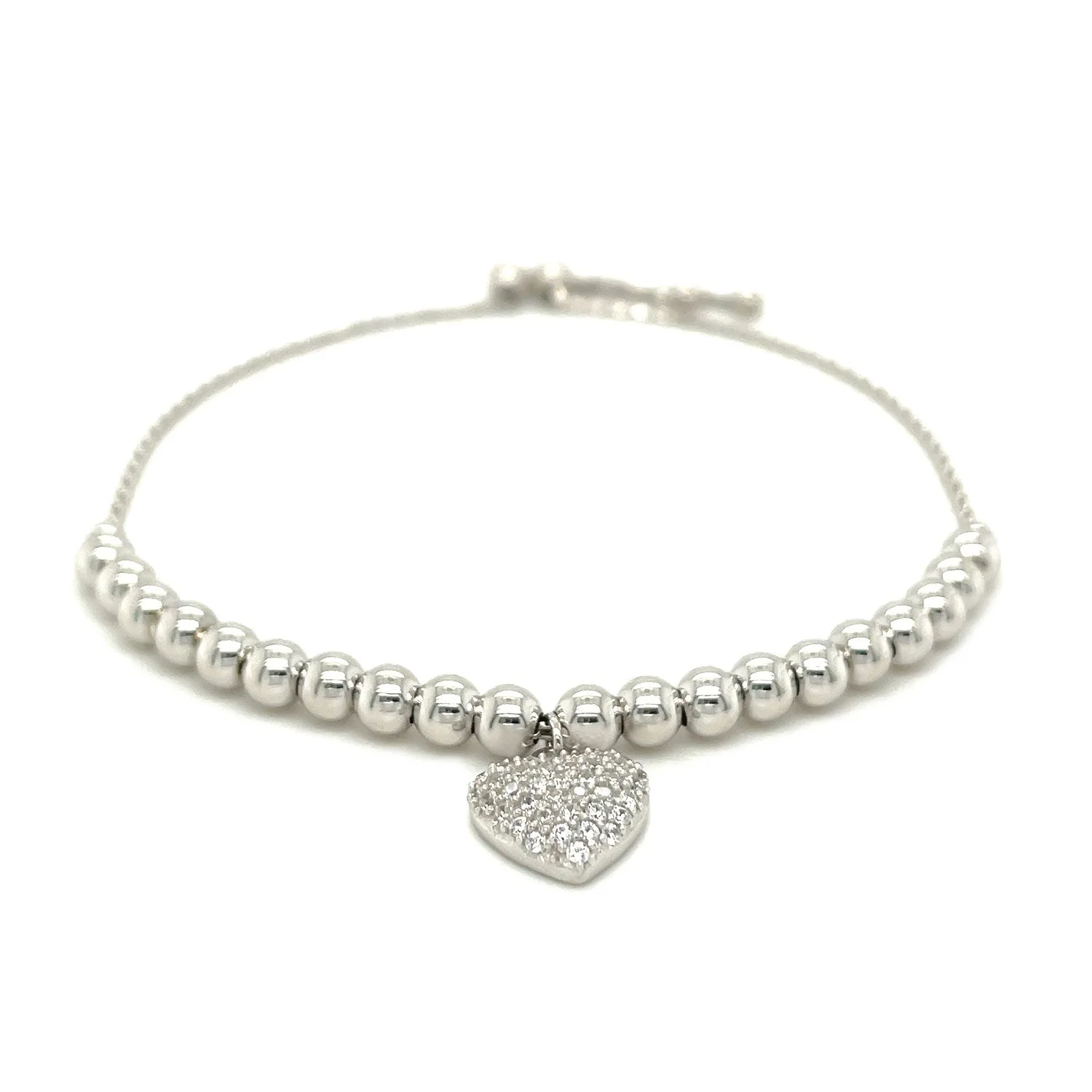 Adjustable Bead Bracelet with Round Charm and Cubic Zirconias in Sterling Silver - Image 6