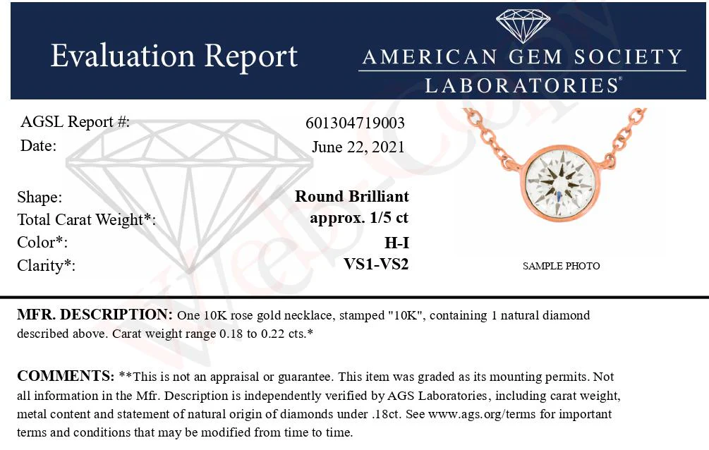 AGS Certified 10K Rose Gold 1/5 Cttw Bezel Set Round Diamond Solitaire 16-18" Adjustable Pendant Necklace (H-I Color, VS1-VS2 Clarity) - Image 10