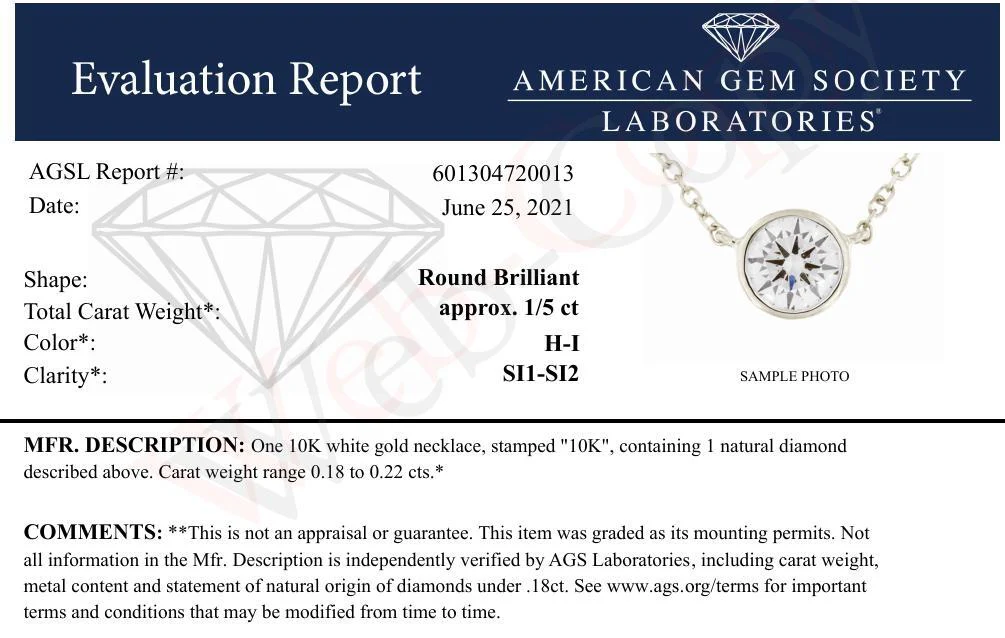AGS Certified 10K White Gold 1/5 Cttw Bezel Set Round Diamond Solitaire 16-18" Adjustable Pendant Necklace (H-I Color, SI1-SI2 Clarity) - Image 12