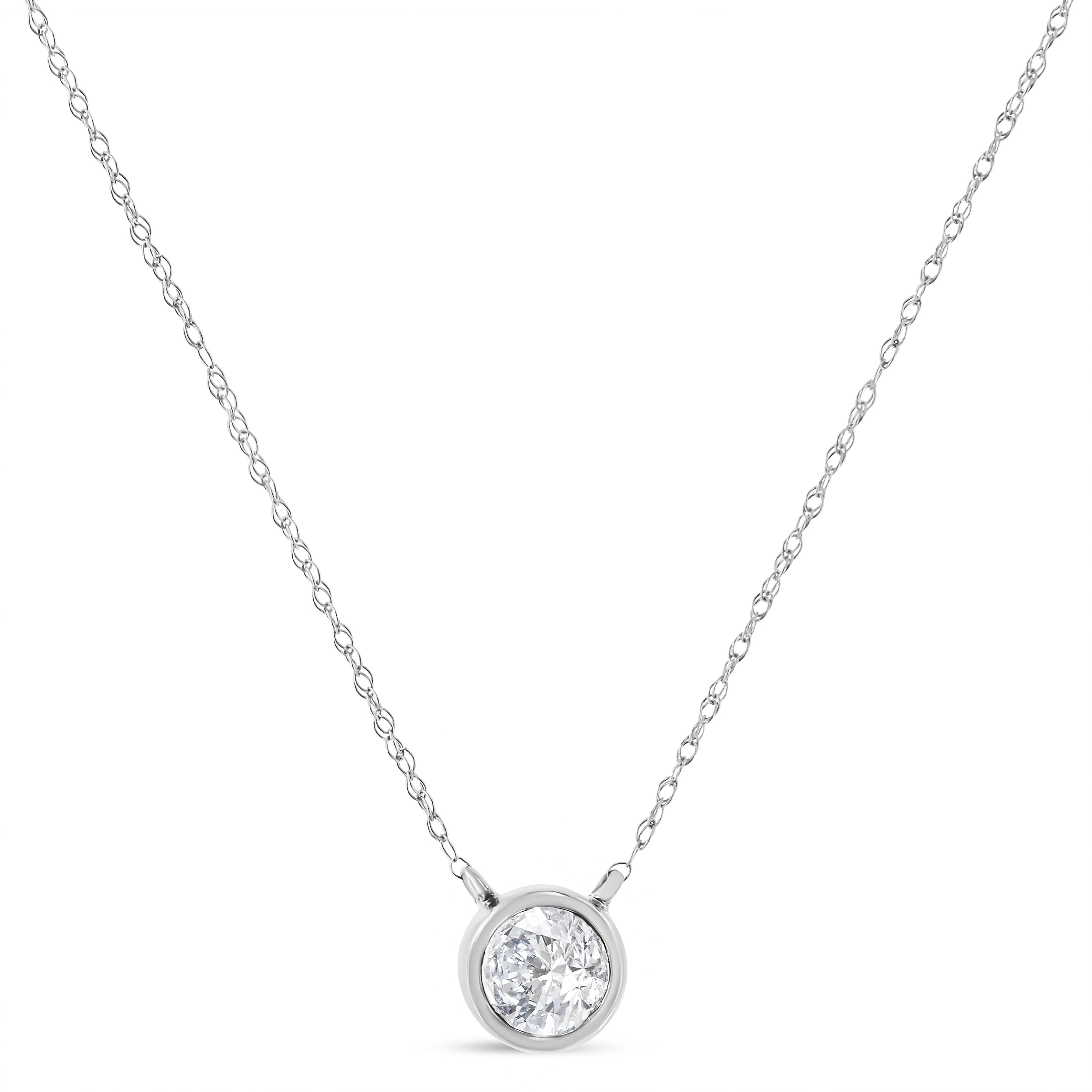 AGS Certified 10K White Gold 1/5 Cttw Bezel Set Round Diamond Solitaire 16-18" Adjustable Pendant Necklace (H-I Color, SI1-SI2 Clarity) - Image 2