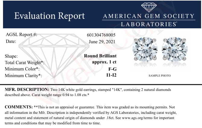AGS Certified 14K White Gold 1.0 cttw 4-Prong Set Brilliant Round-Cut Solitaire Diamond Push Back Stud Earrings (F-G Color, I1-I2 Clarity) - Image 8