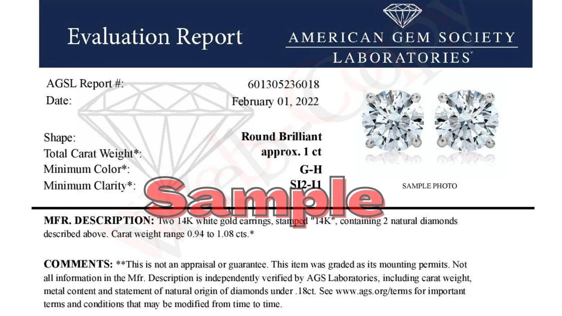 AGS Certified 14K White Gold 1.0 Cttw 4-Prong Set Brilliant Round-Cut Solitaire Diamond Push Back Stud Earrings (G-H Color, SI2-I1 Clarity) - Image 6