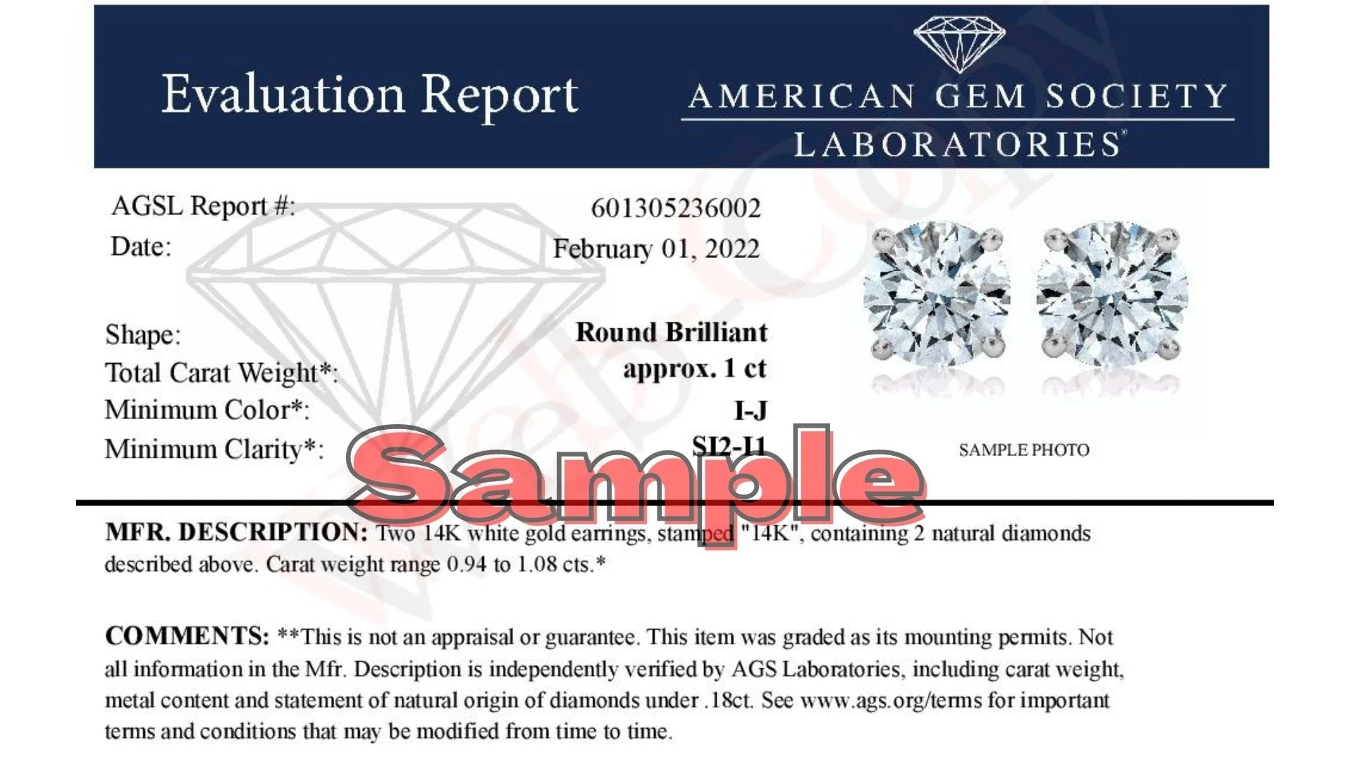AGS Certified 14K White Gold 1.0 Cttw 4-Prong Set Brilliant Round-Cut Solitaire Diamond Push Back Stud Earrings (H-I Color, SI2-I1 Clarity) - Image 3