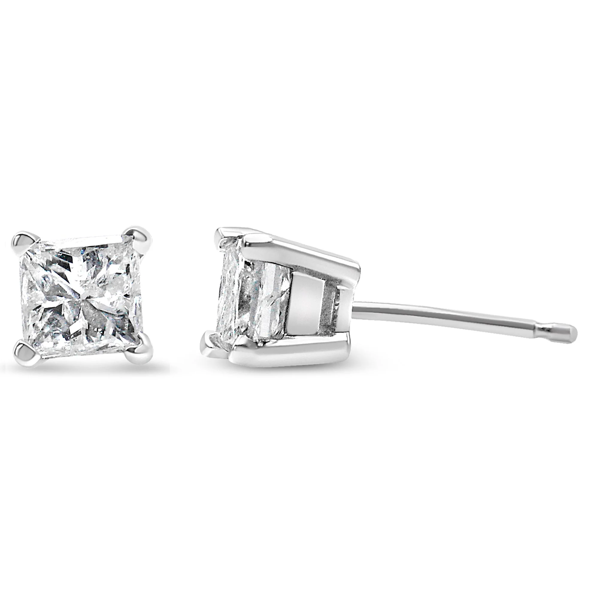 AGS Certified 14k White Gold 1.0 Cttw 4-Prong Set Princess-Cut Solitaire Diamond Push Back Stud Earrings for Women (E-F Color, I1-I2 Clarity) - Image 3