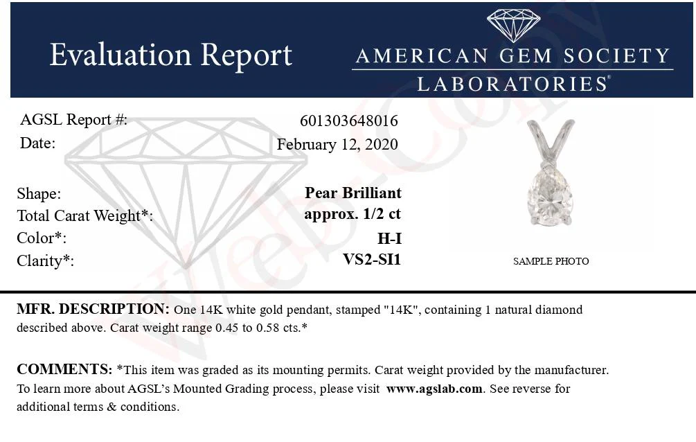 AGS Certified 14K White Gold 1/2 Cttw Diamond Pear 18" Pendant Necklace (H-I Color, VS2-SI1 Clarity) - Image 10