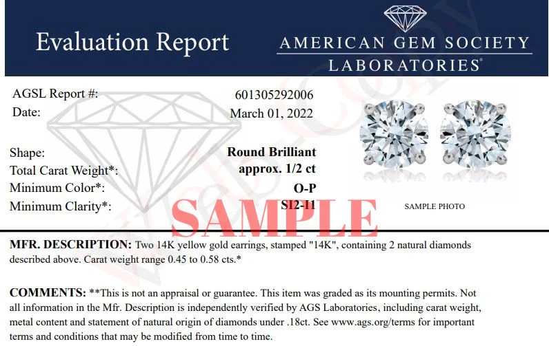 AGS Certified 14K Yellow Gold 1/2 Cttw 4 Prong Set Brilliant Round-Cut Solitaire Diamond Push Back Stud Earrings (O-P, Color, SI2-I1 Clarity) - Image 10